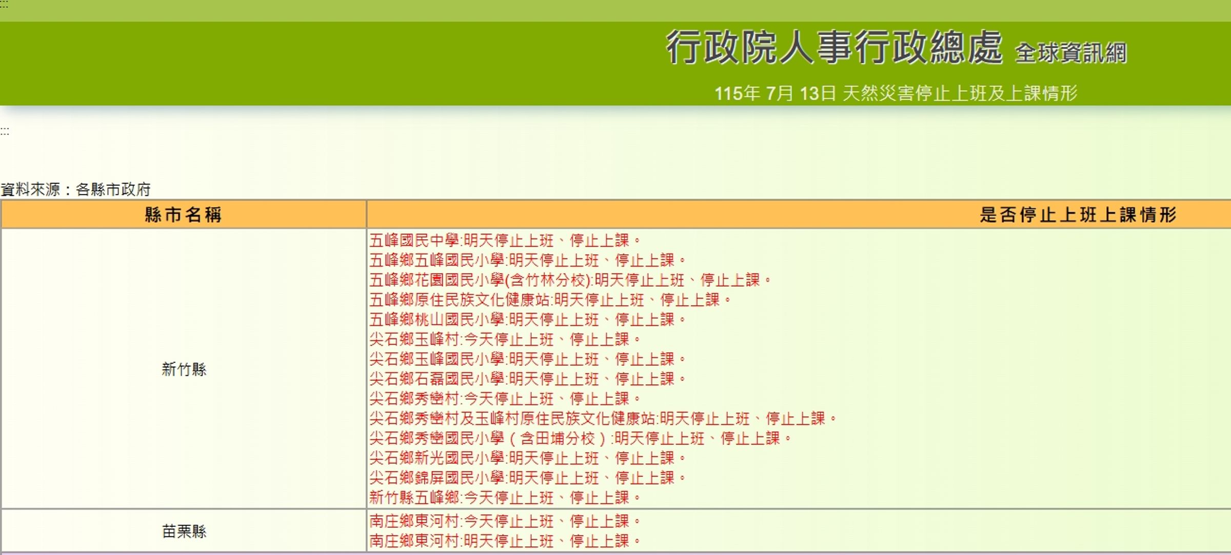 為整理家園，新竹縣多所學校明日停班停課。（翻攝自行政院人事總處官網）