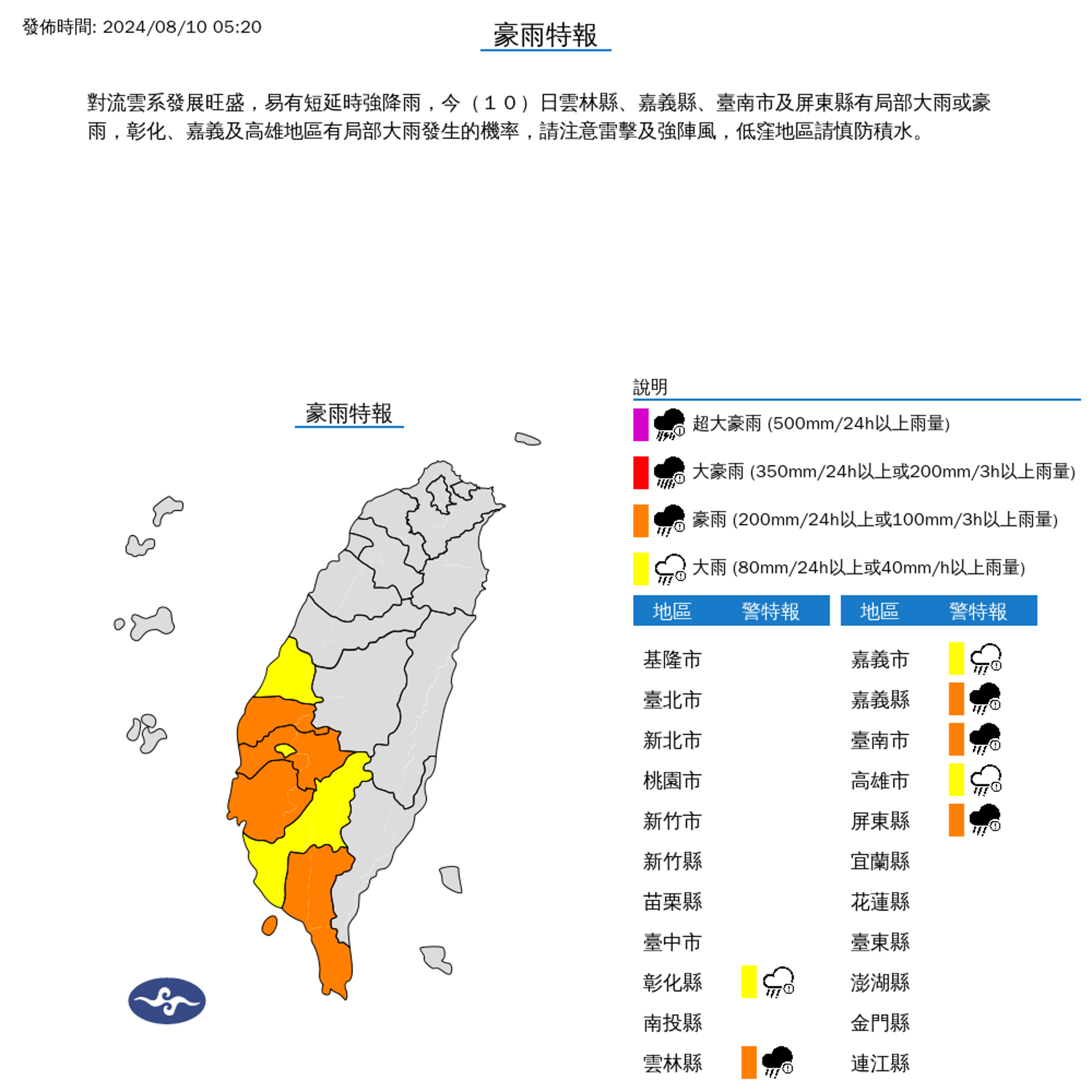 全台7縣市豪、大雨特報。（氣象署提供）