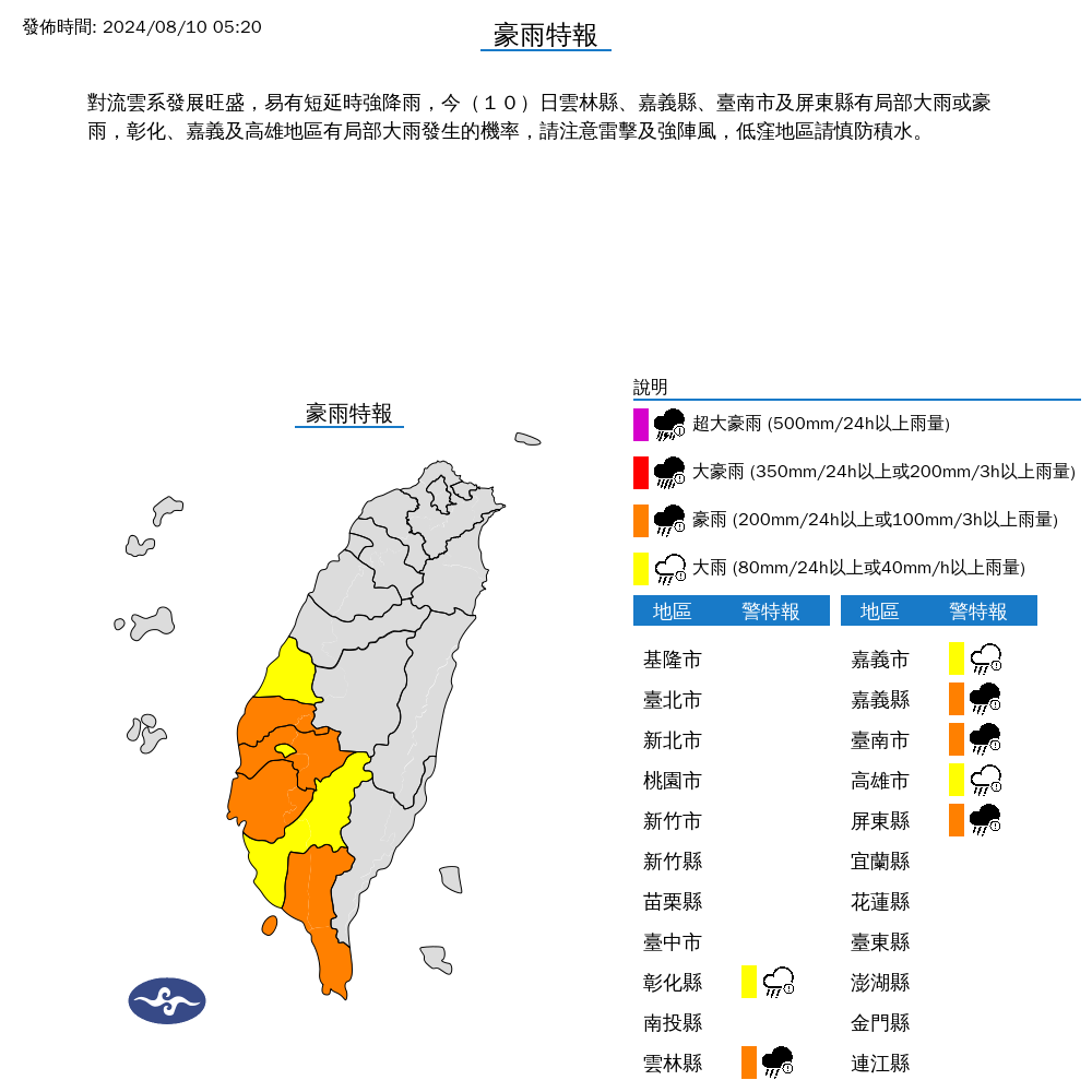 全台7縣市豪、大雨特報。(氣象署提供)