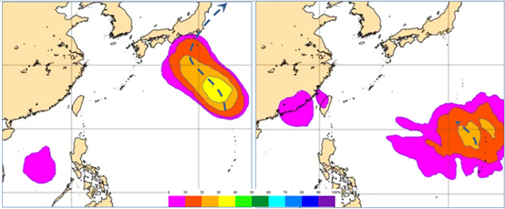 最新歐洲系集模式24日20時機率模擬圖(左圖)顯示,關島北方海面熱帶擾動逐漸發展,其路徑為先向日本逼近、再朝東北大迴轉減弱遠離;30日20時機率模擬圖(右圖)顯示,關島附近另有熱帶擾動發展、但離台灣還很遠。(翻攝自氣象應用推廣基金會)