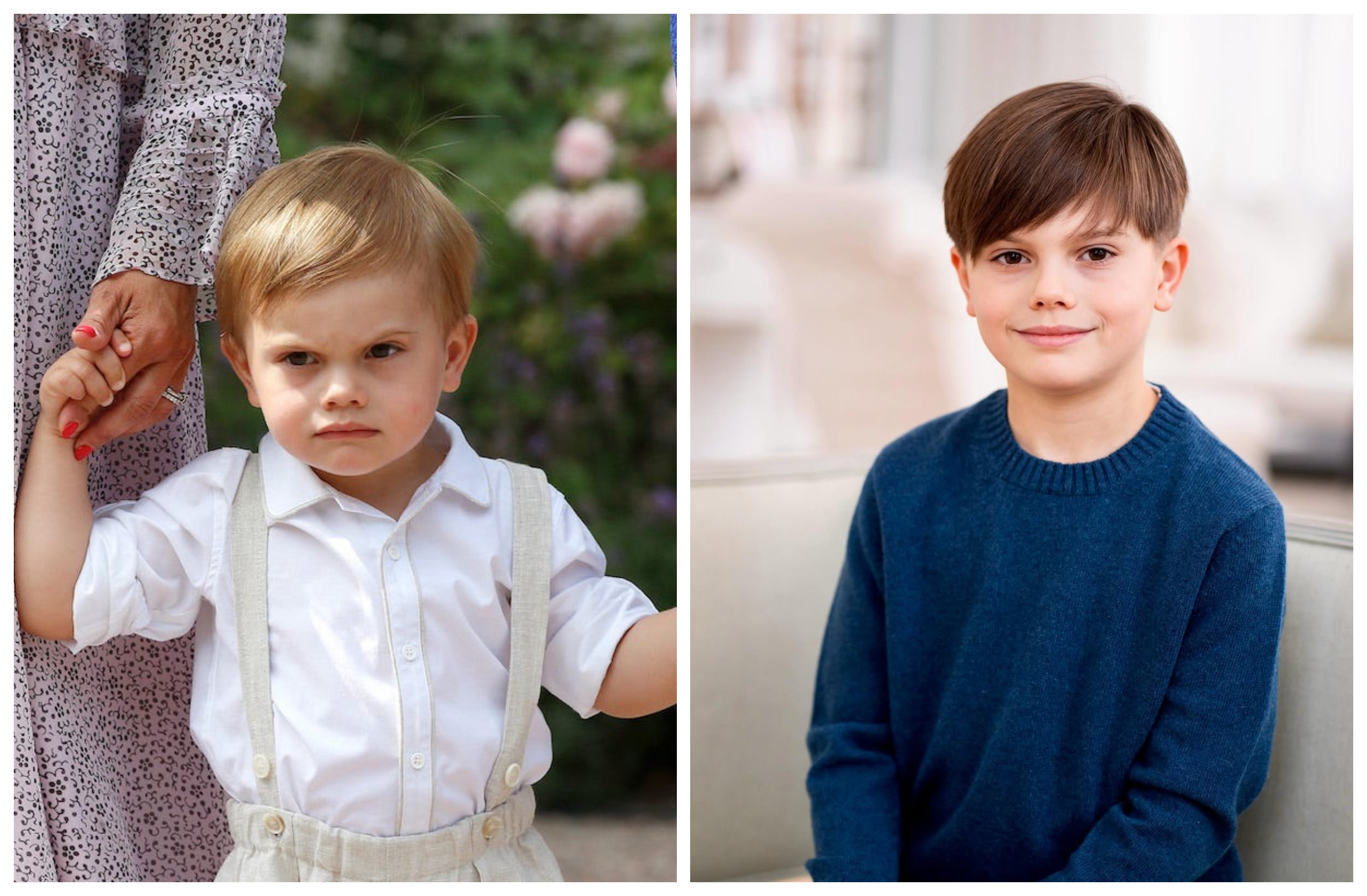 奧斯卡王子的10歲生日照曝光（右圖），小時候他以一張「厭世臉」聞名（左圖）。（翻攝kungahuset IG、X）