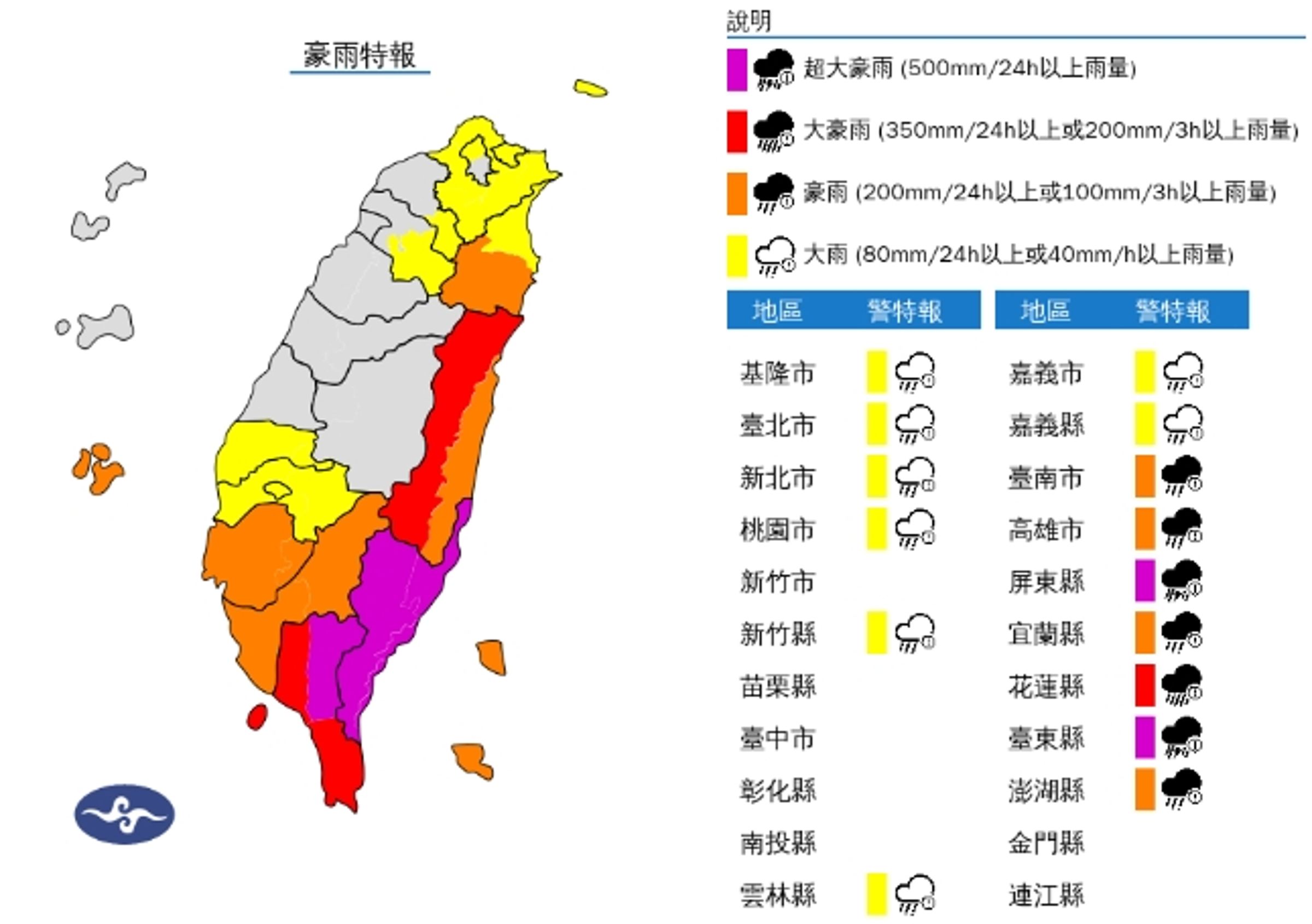 中央氣象署發布豪大雨特報。（翻攝自中央氣象署官網）
