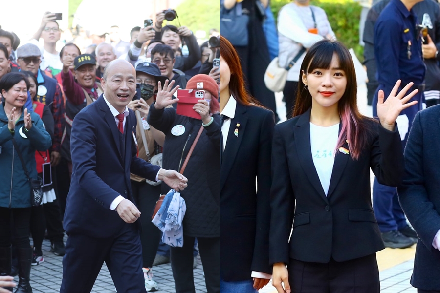 韓國瑜（左）重返立院展現高人氣，「同班同學」黃捷（右）喊話要好好相處。