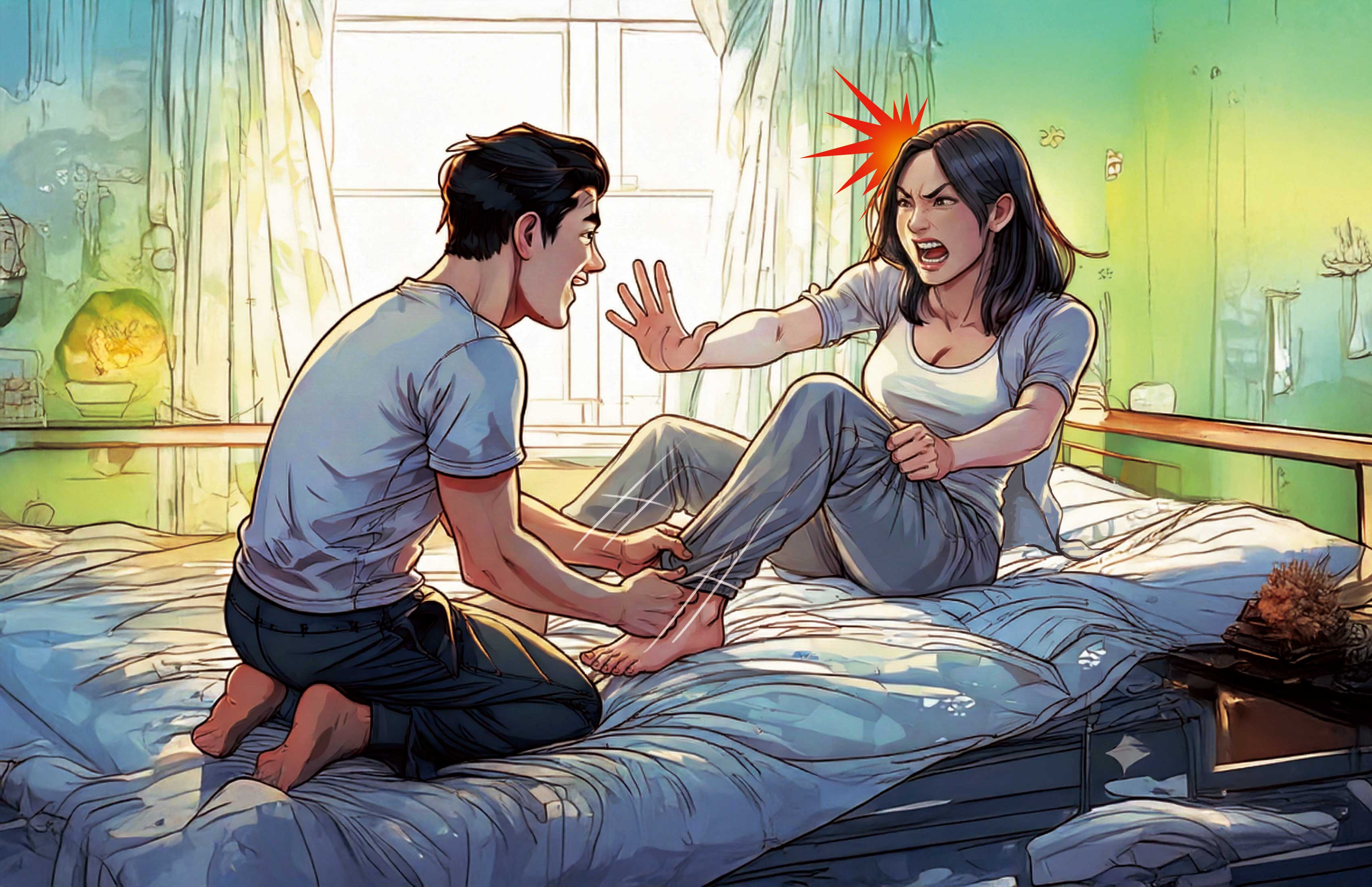 張越河（左）藉故把女大生（右）騙回家，逼對方幫他口交，並指姦得逞。（示意畫面，AI繪圖Firefly生成，本刊美術組後製）