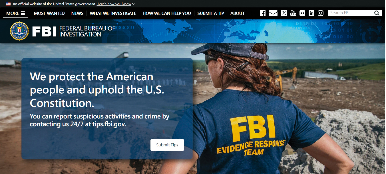 聯邦調查局簡稱FBI，是美國國內的情報與安全機構，也是主要的聯邦執法機關。據傳紀曉波被FBI通緝了。（翻攝自FBI網站）