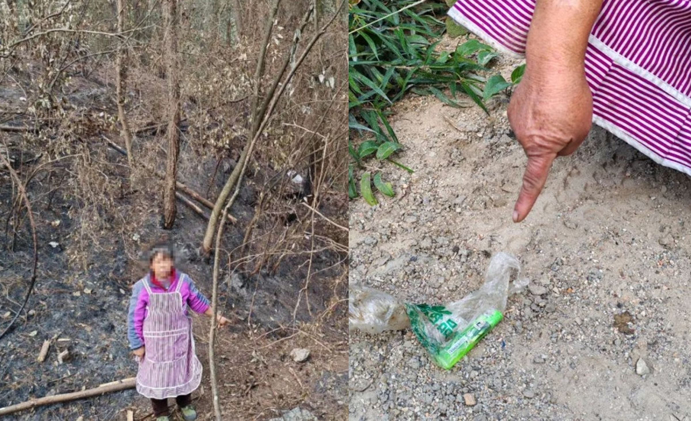 貴州羅姓婦人縱火山林,等待滅火後撿拾消防人員遺留的寶特瓶賣錢。(翻攝微博)