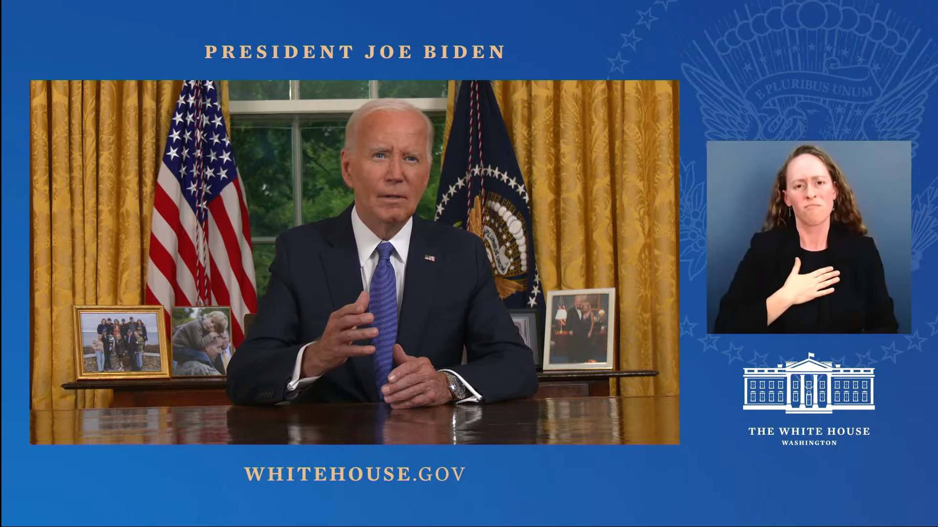 現年81歲的拜登在公開演說中表示，他退出總統選舉，並支持副總統候選人賀錦麗來團結破碎的民主黨和國家。（翻攝自YouTube The White House）