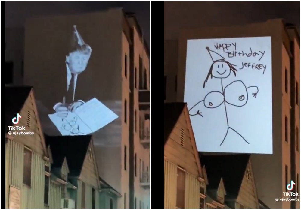 溫莎鎮各處也有投影,諷刺川普過去疑畫裸女賀卡給艾普斯坦。(翻攝TikTok畫面)