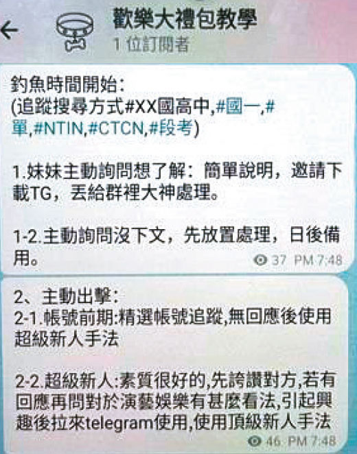 少女性影像牧場「歡樂大禮包」教戰守則，教員工先在IG招募演藝人員，再引導上鉤少女至Telegram牧場管理，以高報酬及iPhone或脅迫方式，取得少女自拍的性影像。（重製對話，示意圖）
