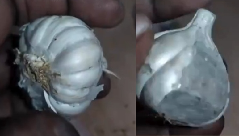 一名人妻在路邊攤販買到水泥做的假蒜頭,回家剝不開才驚覺被騙。(翻攝X@IndiaToday)