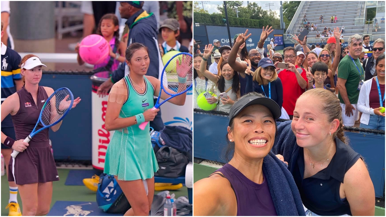 美網女雙16強台灣內戰,由謝淑薇(右圖左)勝出。(翻攝詹皓晴、謝淑薇臉書)