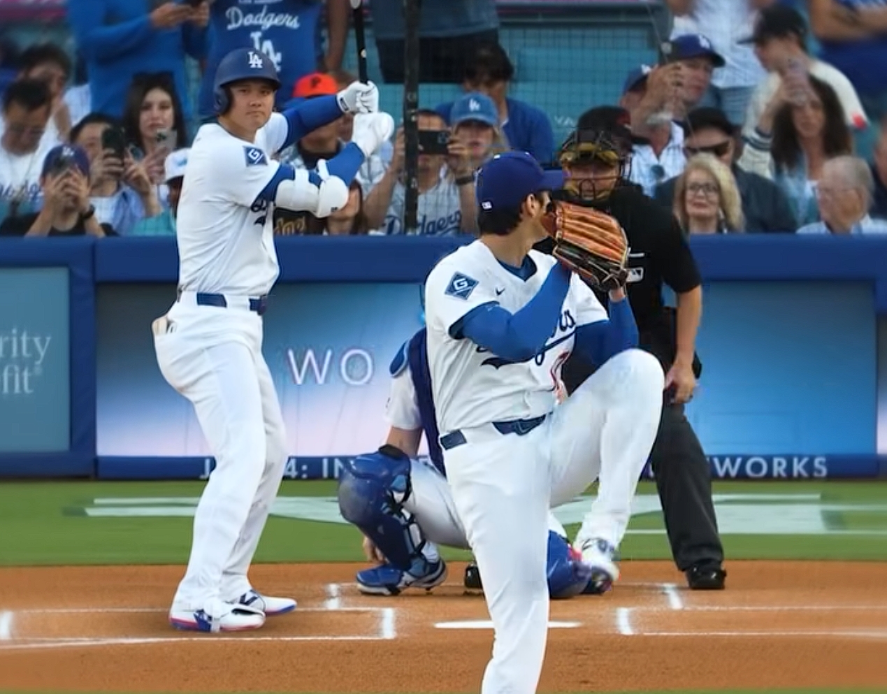 道奇隊特別合成了「投手大谷」對決「打者翔平」的影片，紀念大谷翔平的二刀流正式回歸。（翻攝自X @Dodgers）