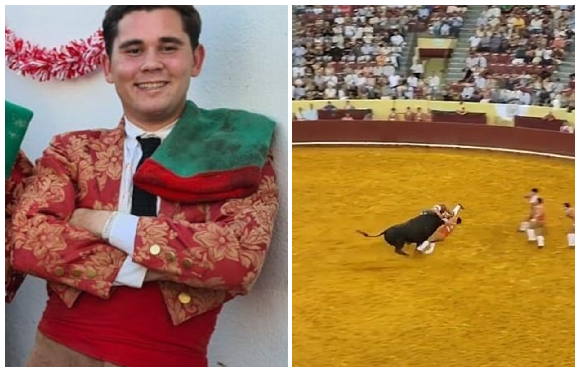 馬努埃爾瑪麗亞特林達德（左圖）是鬥牛新秀，怎料在首次演出就遭牛襲擊身亡（右圖）。（翻攝pedrodossantosfrazao Threads、影片畫面）