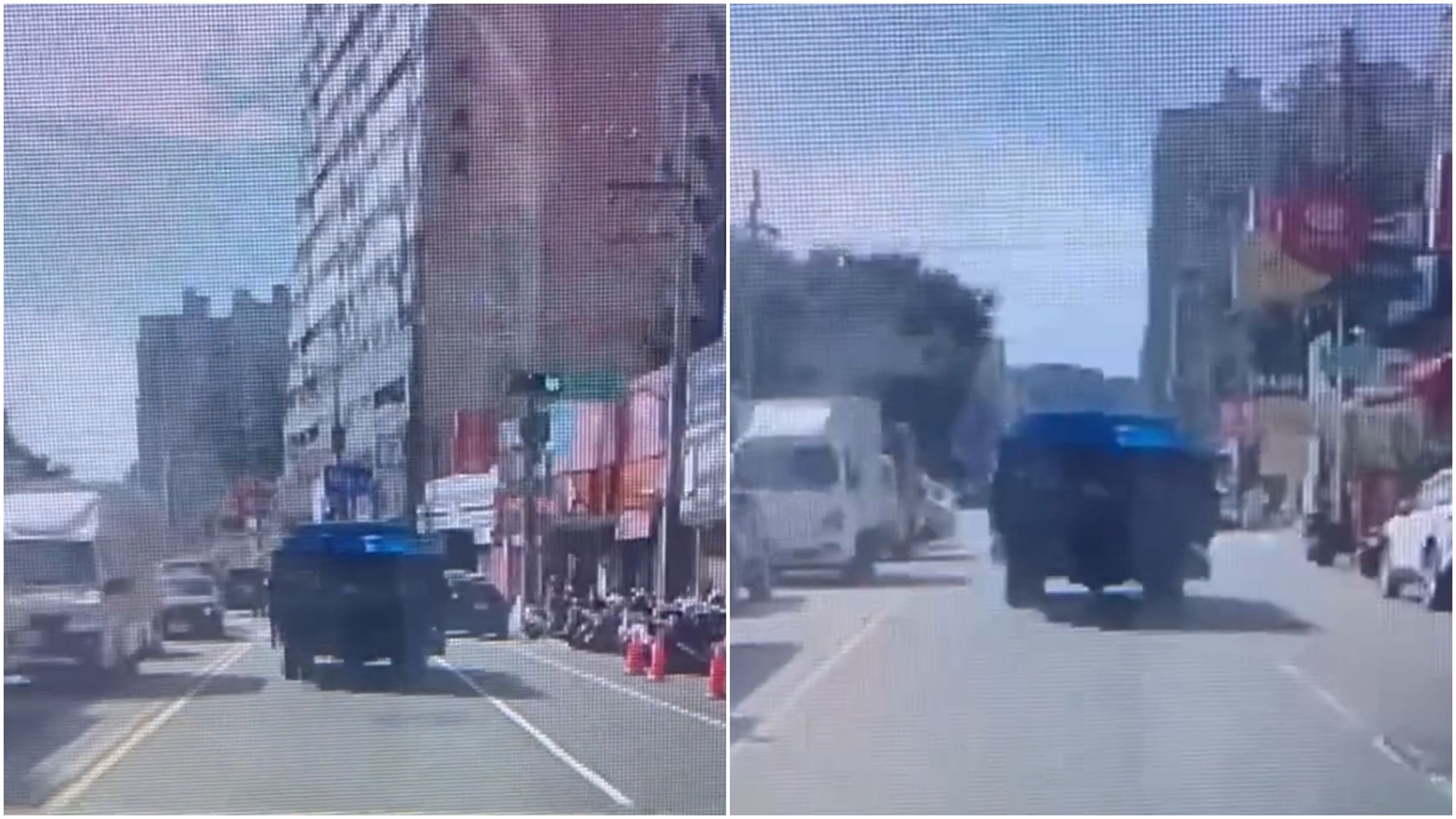 一輛載著廚餘桶的小貨車，卻因桶蓋未覆，在顛簸車程中不斷潑灑出來。（Threads@pyw__mi授權提供）
