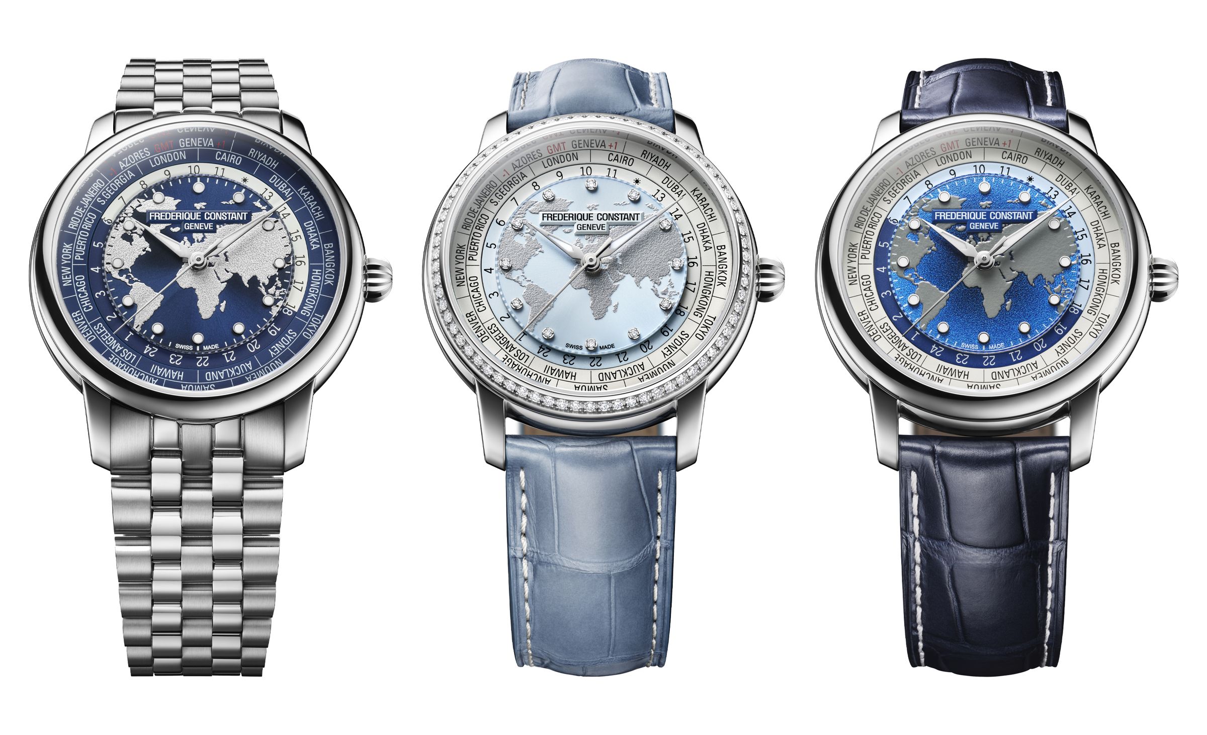 康斯登全新Classic Worldtimer Manufacture自製機芯世界時區腕錶,定價NT$198,000/NT$298,000(鑲鑽限量版)。