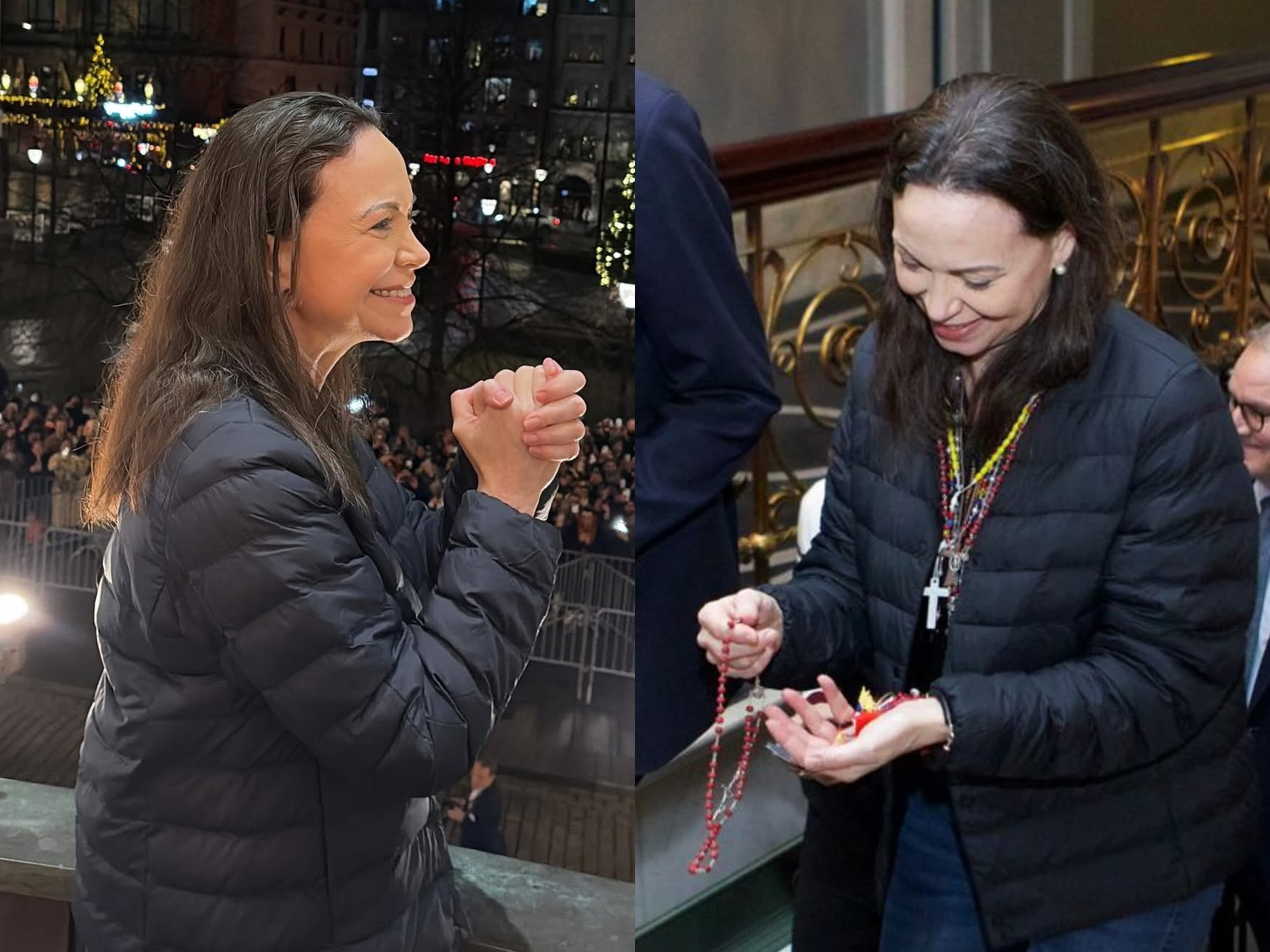 11日深夜馬查多終於現身奧斯陸飯店陽台，時隔近1年公開露面。（翻攝自María Corina Machado 臉書）