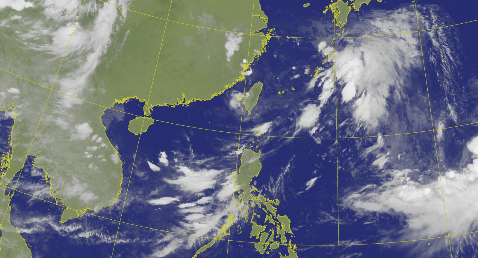 范斯高昨天「脫裝」減弱為熱帶性低氣壓，颱風竹節草目前也呈現「裸奔」狀態持續減弱中，即將減弱為熱帶性低氣壓。（翻攝自中央氣象署）