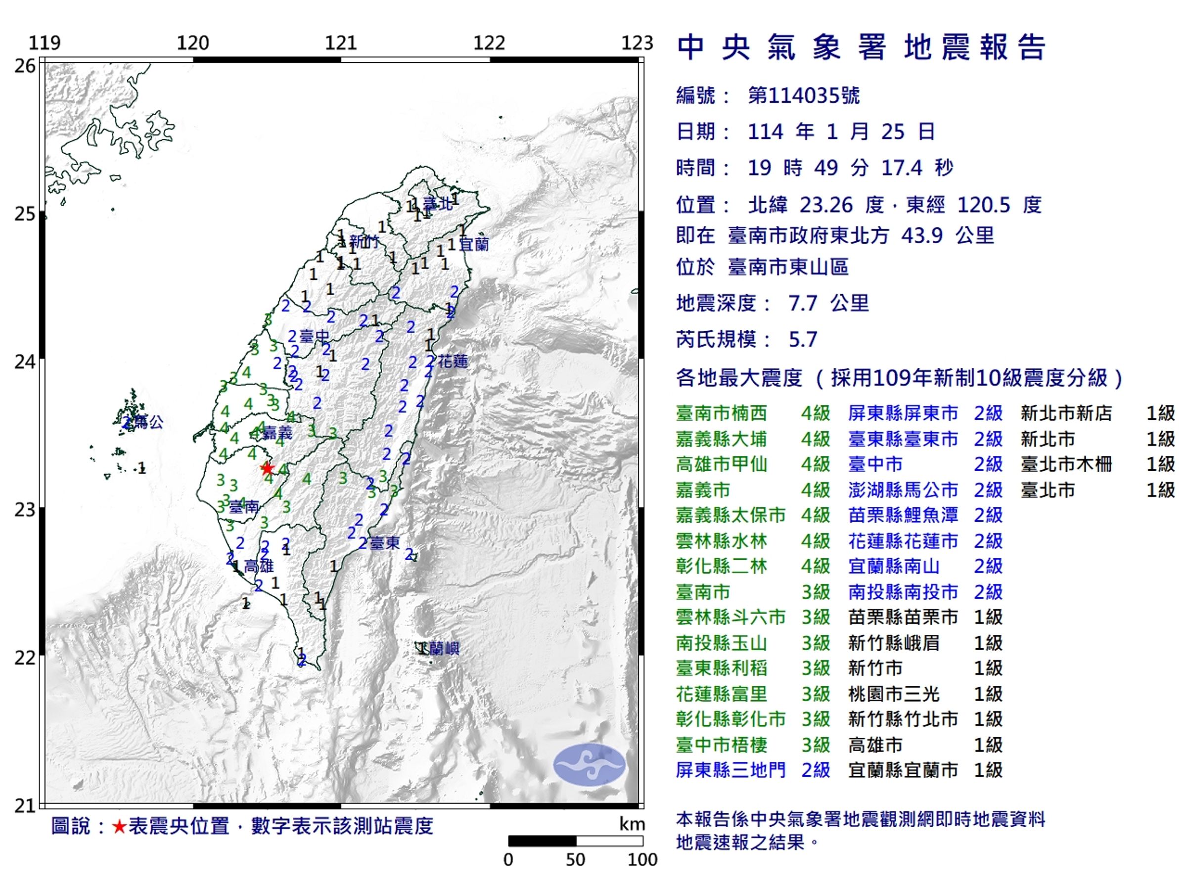 今晚間19時49分發生規模5.7的地震。(氣象署提供)