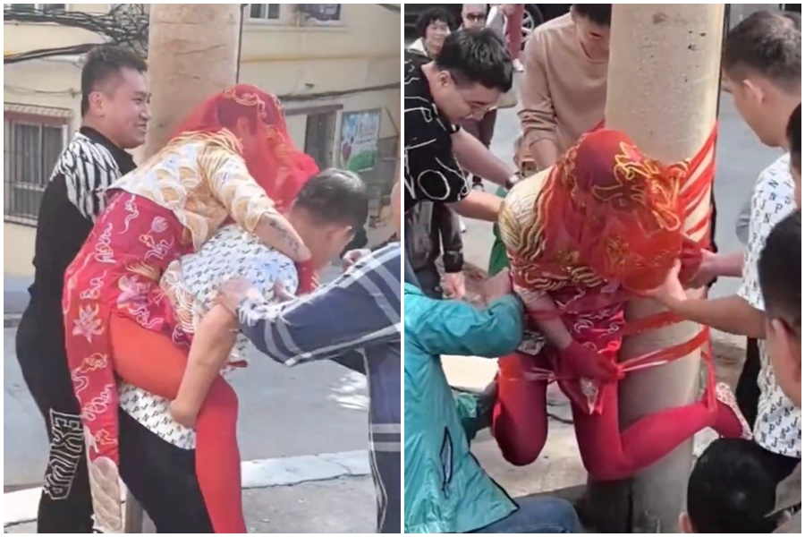 山西陽泉一名新娘，在迎娶過程中疑似遭鬧婚，被一群男子架走且在電線桿上。（翻攝自微博）