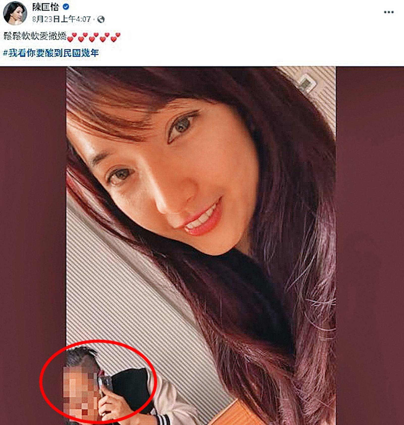 陳匡怡突然將2年前的校友聚會飯局照貼上網，不料引起被露出黃姓學長（紅圈處）的不滿。（翻攝自陳匡怡臉書）