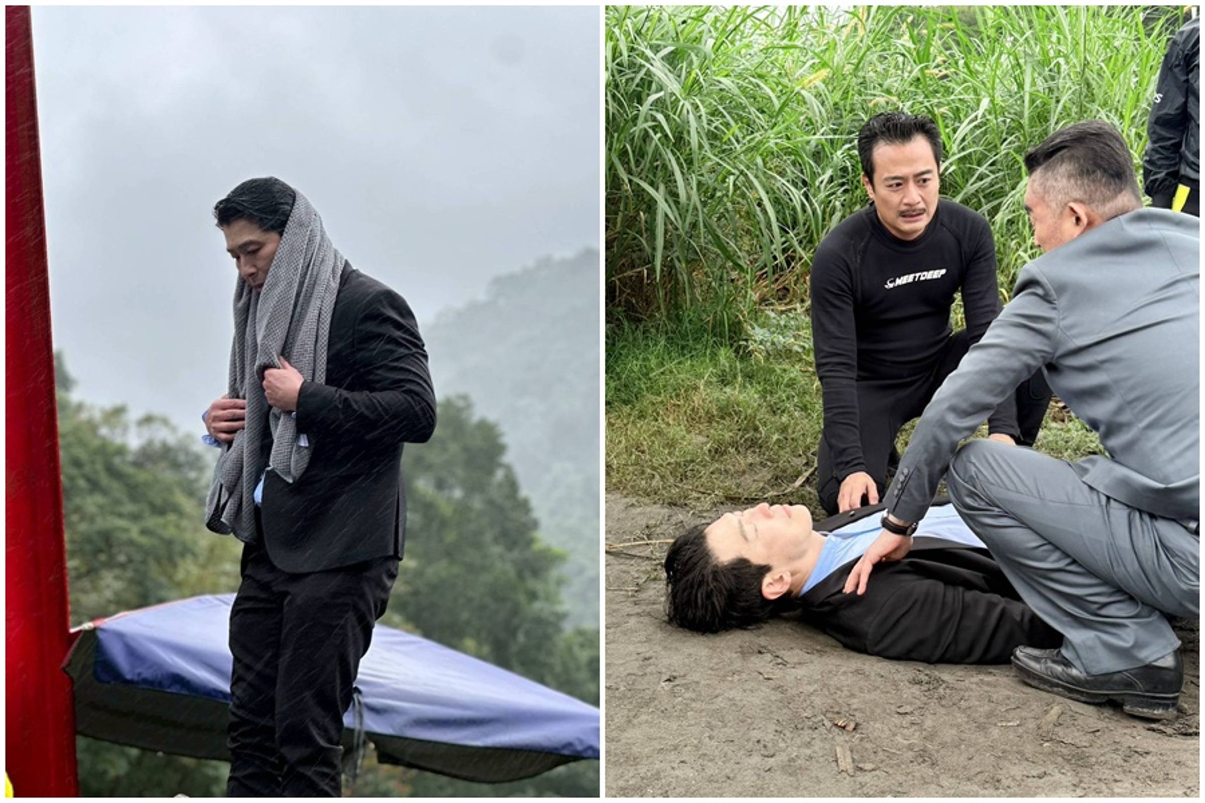 黃少祺在雨中拍從橋上縱身躍下戲份十分驚險。林佑星為黃少祺人工呼吸彼此都很難忘。（三立提供）
