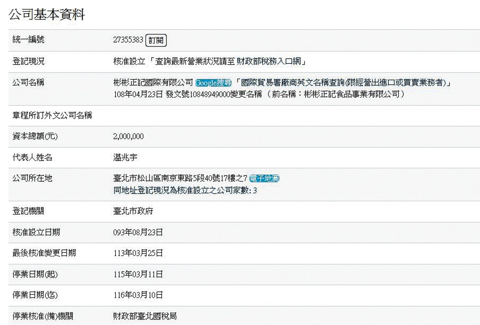小彬彬多年前設立的「彬彬正記」公司原是餐飲業，後來轉型成影視製作，成立創動影視。（翻攝自經濟部商工登記網）