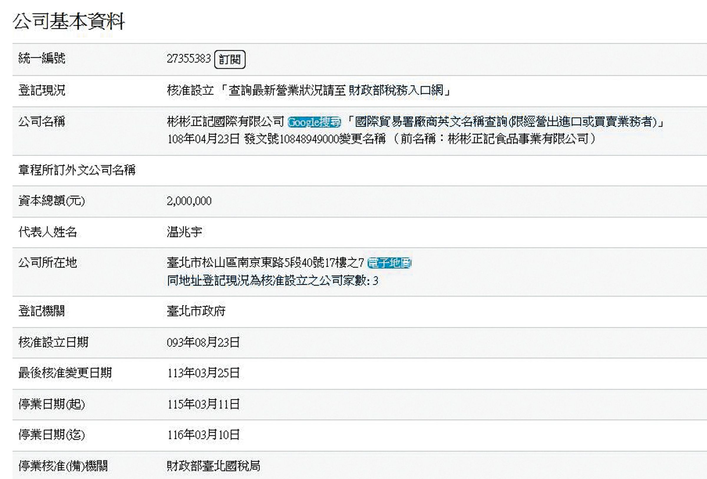 小彬彬多年前設立的「彬彬正記」公司原是餐飲業，後來轉型成影視製作，成立創動影視。（翻攝自經濟部商工登記網）
