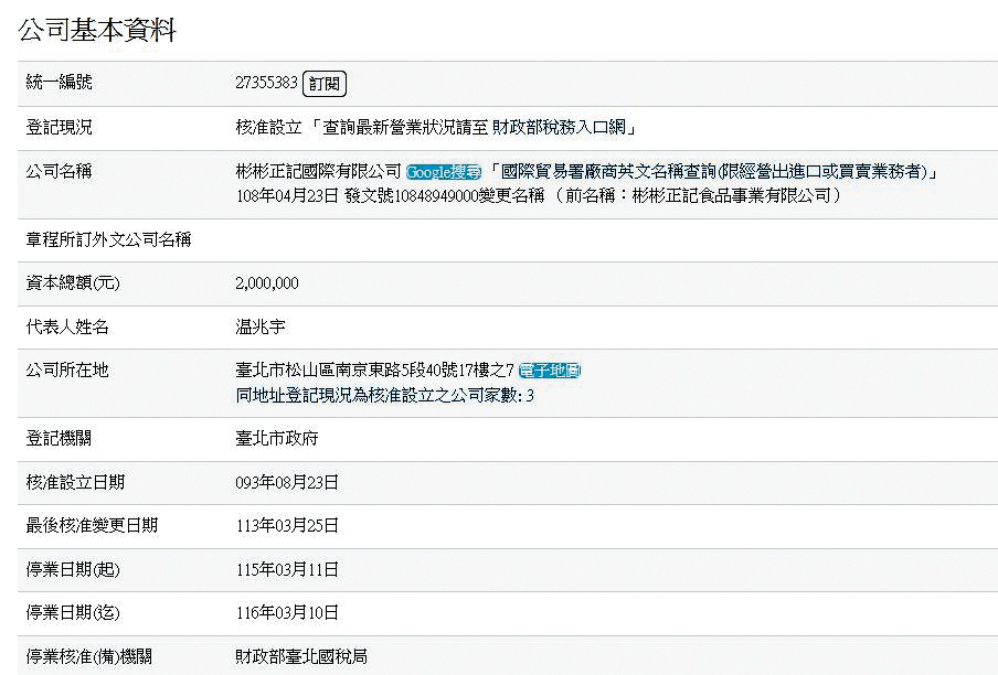 小彬彬多年前設立的「彬彬正記」公司原是餐飲業,後來轉型成影視製作,成立創動影視。(翻攝自經濟部商工登記網)