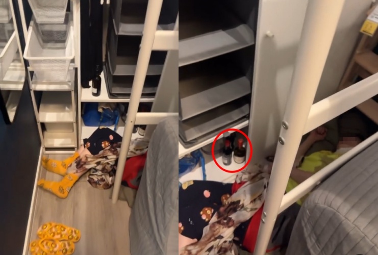香港一名女子逛IKEA拍下，一名女子躺在展示沙發後的地板上熟睡，旁邊疑似放有酒瓶，引發網友熱議。（翻攝自threads/heichunnnnn）