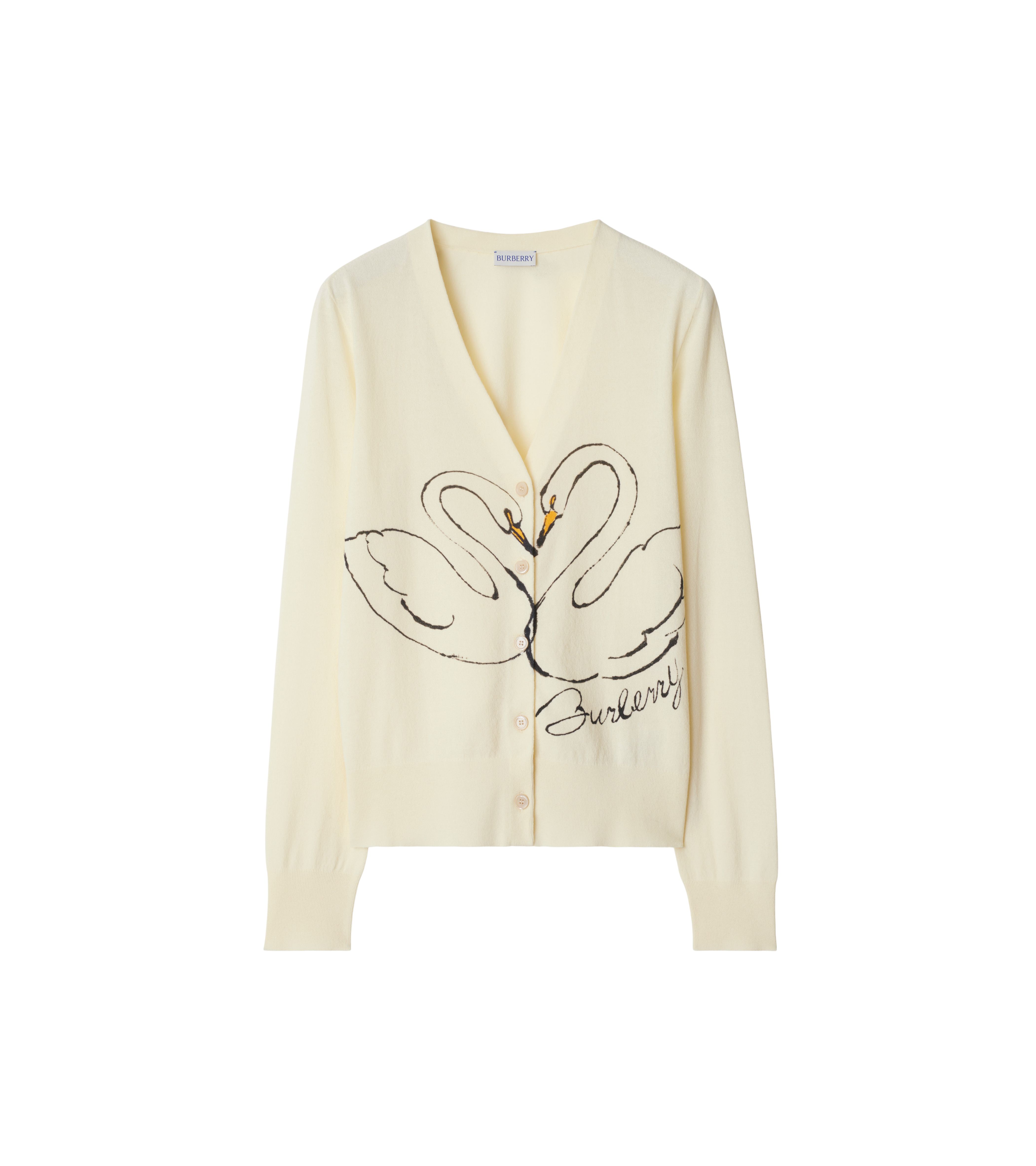 皂白色天鵝印花棉質縐綢開襟針織衫。NT$44,900（BURBERRY提供）