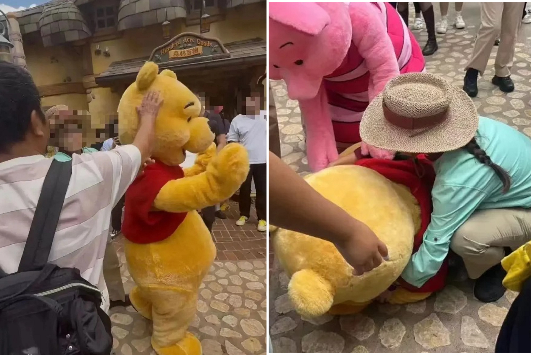 上海迪士尼「小熊維尼」慘被遊客大力巴頭，痛到跌坐在地。（翻自X平台）