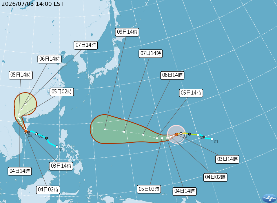 巴威颱風今天下午2點時，中心位置在北緯12.9度，東經154.2度，以每小時17公里速度，向西南西進行。（中央氣象署提供）