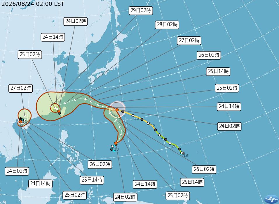 氣象專家賈新興表示,預估明(26日)上午有發布北部海域海上警報的機率,週五(28日)颱風影響較明顯。(翻攝自中央氣象署)