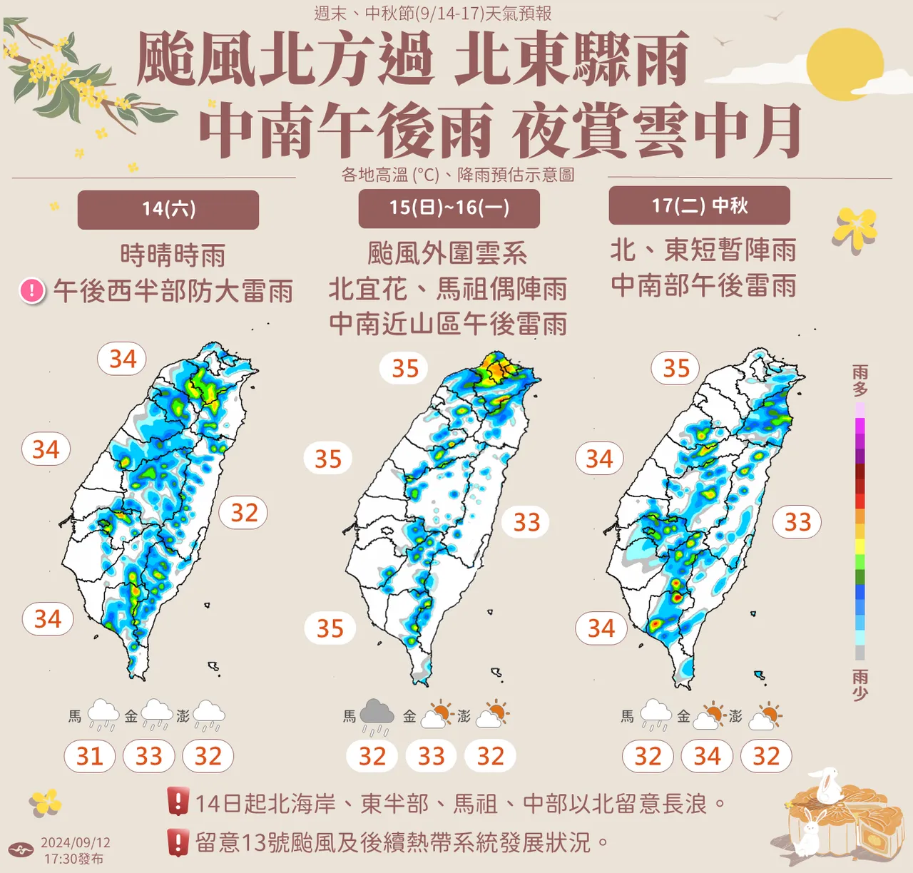 中秋烤肉天氣看這裡！明至後天白天水氣較少。（中央氣象署提供）