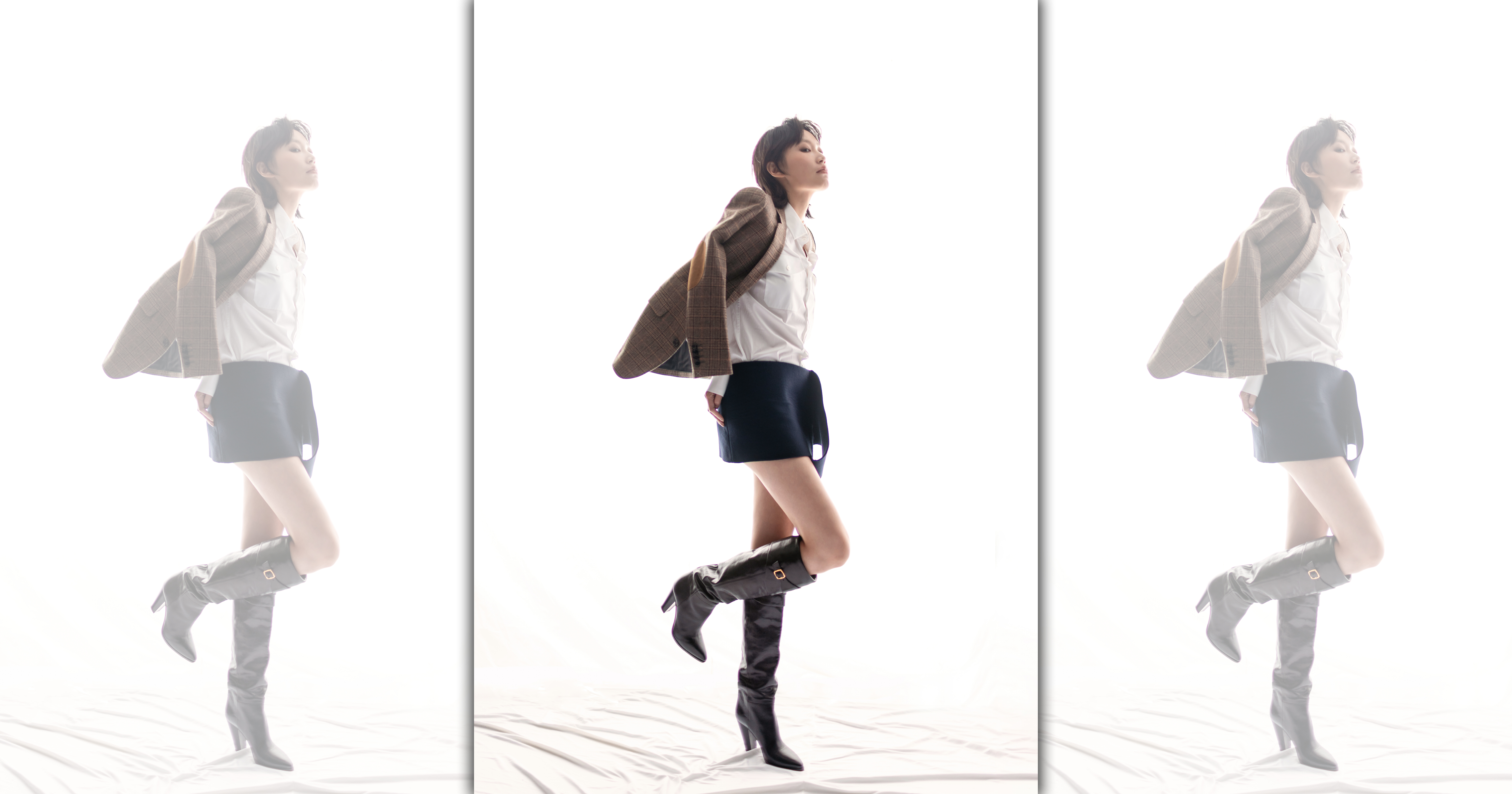 威爾斯格紋羊絨長款外套 NT$145,000 by CELINE／白色棉質襯衫 NT$37,500 by PRADA／深藍色羊毛短裙 NT$57,000 by PRADA／牛皮革TRIOMPHE CELINE WILTERN馬靴 NT$66,000 by CELINE BY HEDI SLIMANE