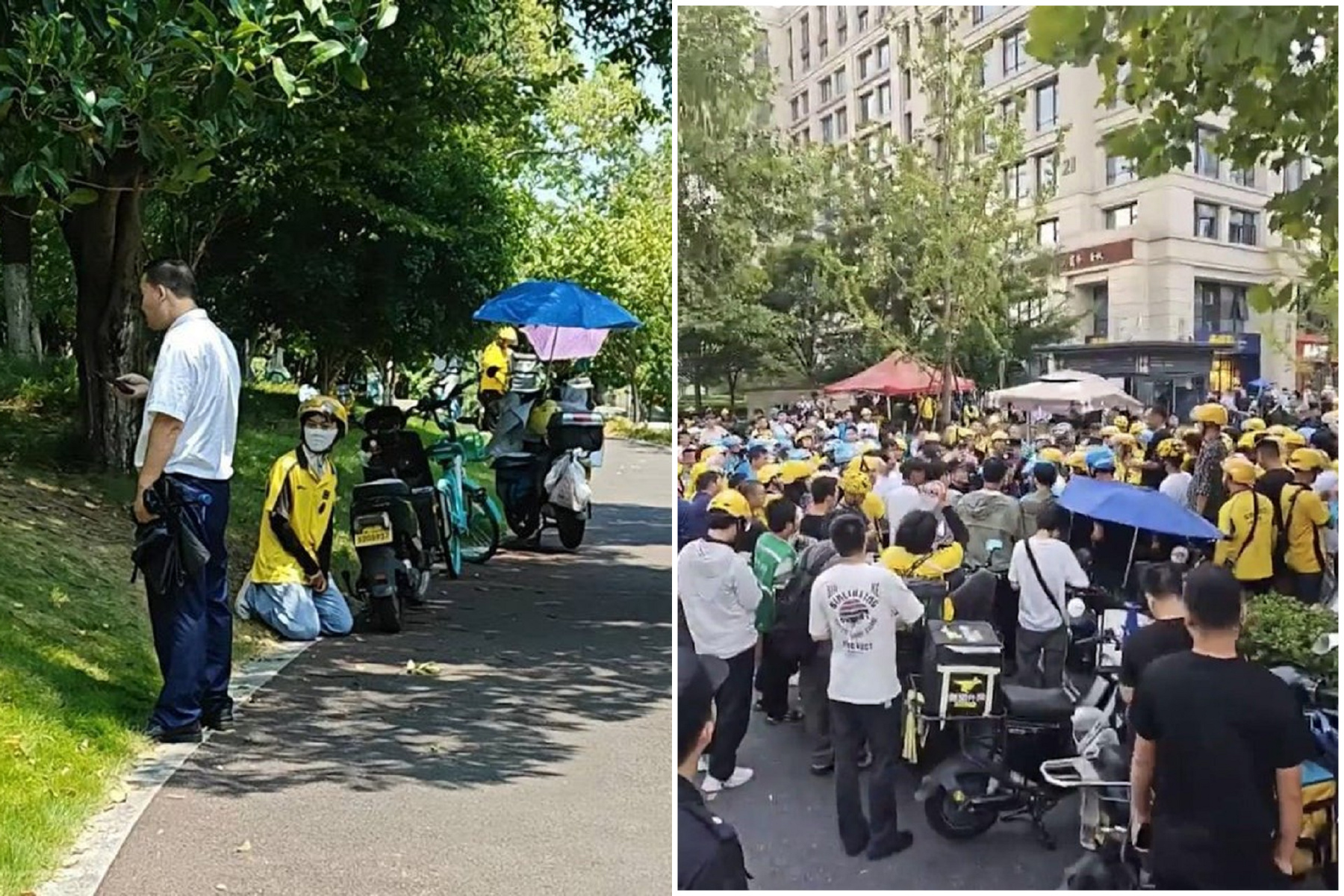 杭州外送員不忍了！不滿同業遭社區保全逼下跪，集結抗議爆大規模警民衝突。（翻自X平台）