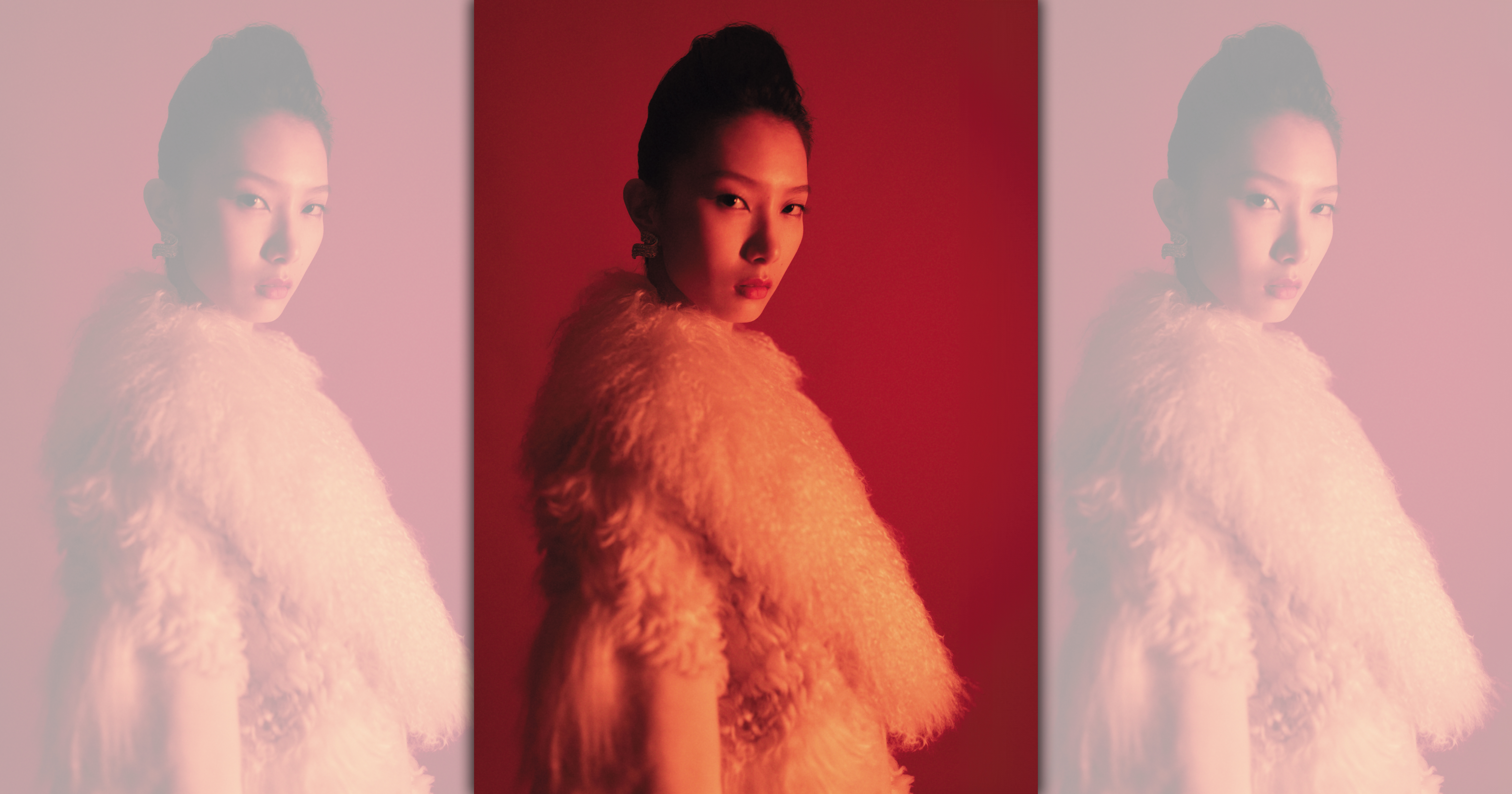 象牙白羔羊毛大衣 NT$223,700 by MICHAEL KORS COLLECTION／Gianni Ribbon緞面高跟鞋 價格店洽 by VERSACE／Hyperbola耳環 NT$10,000 by SWAROVSKI