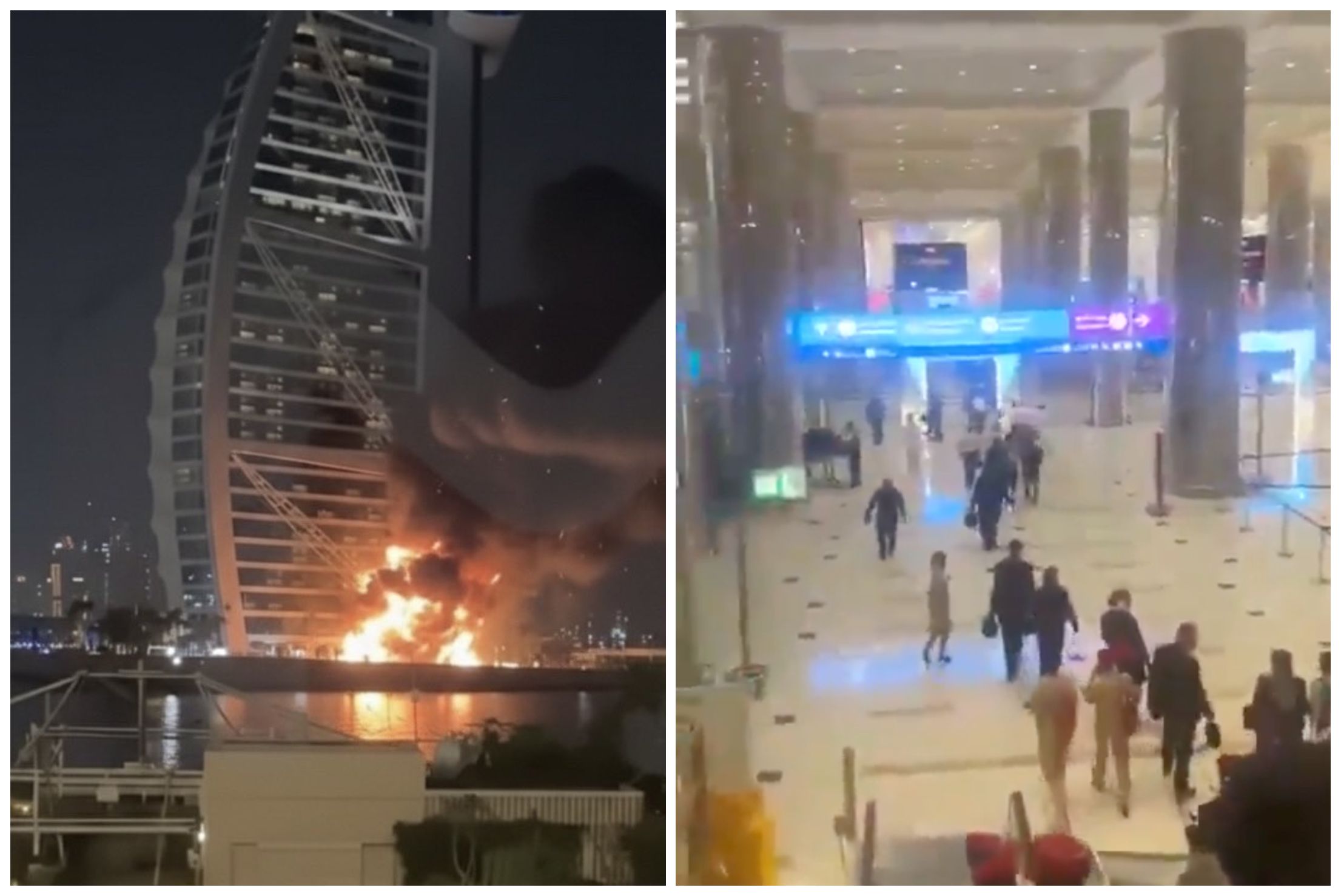 杜拜帆船飯店下方可見火光畫面（左圖），機場大廳則出現旅客撤離情況（右圖）。（翻攝X）