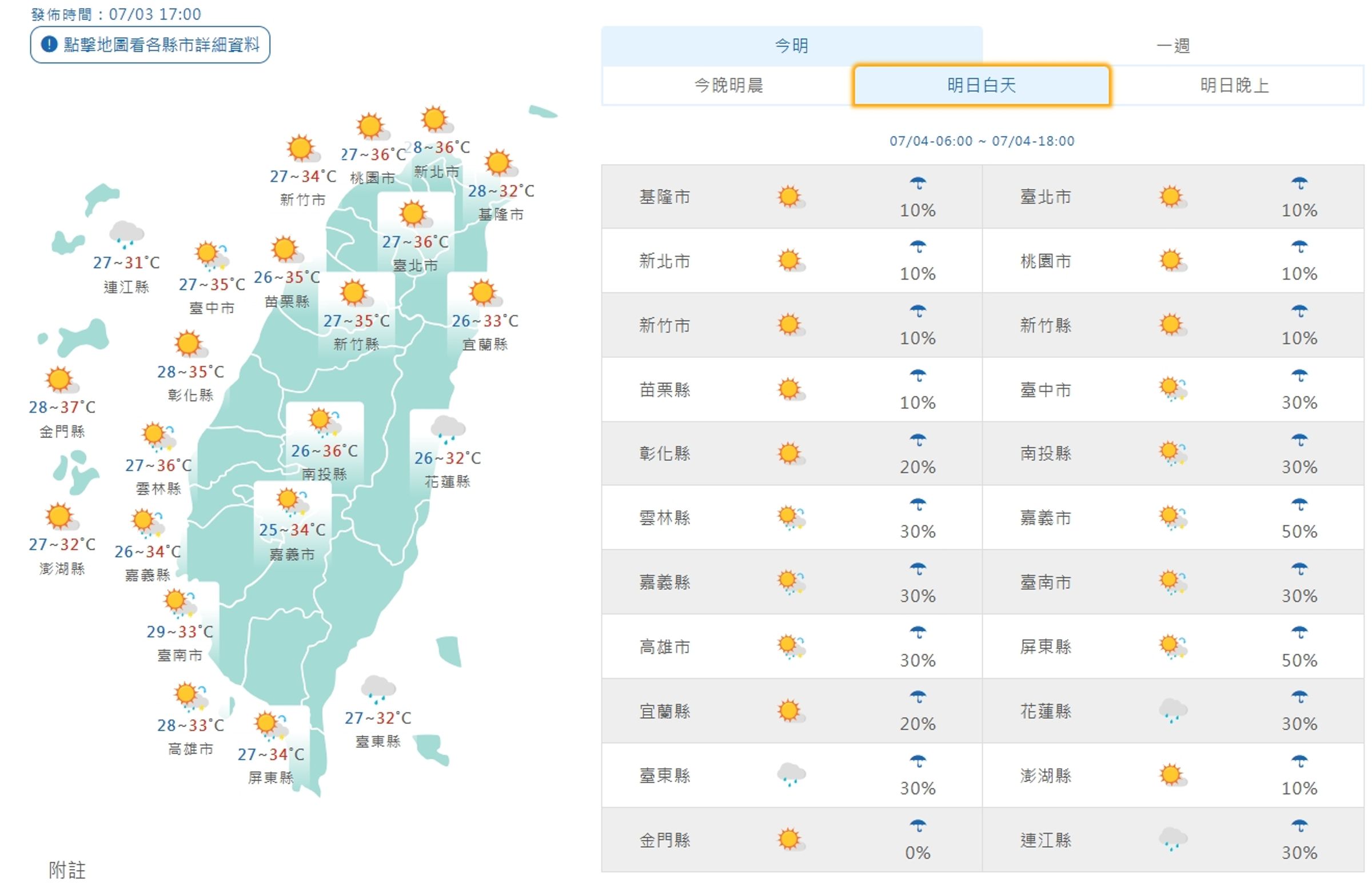 中央氣象署說明明日白天天氣狀況。（翻攝自中央氣象署官網）