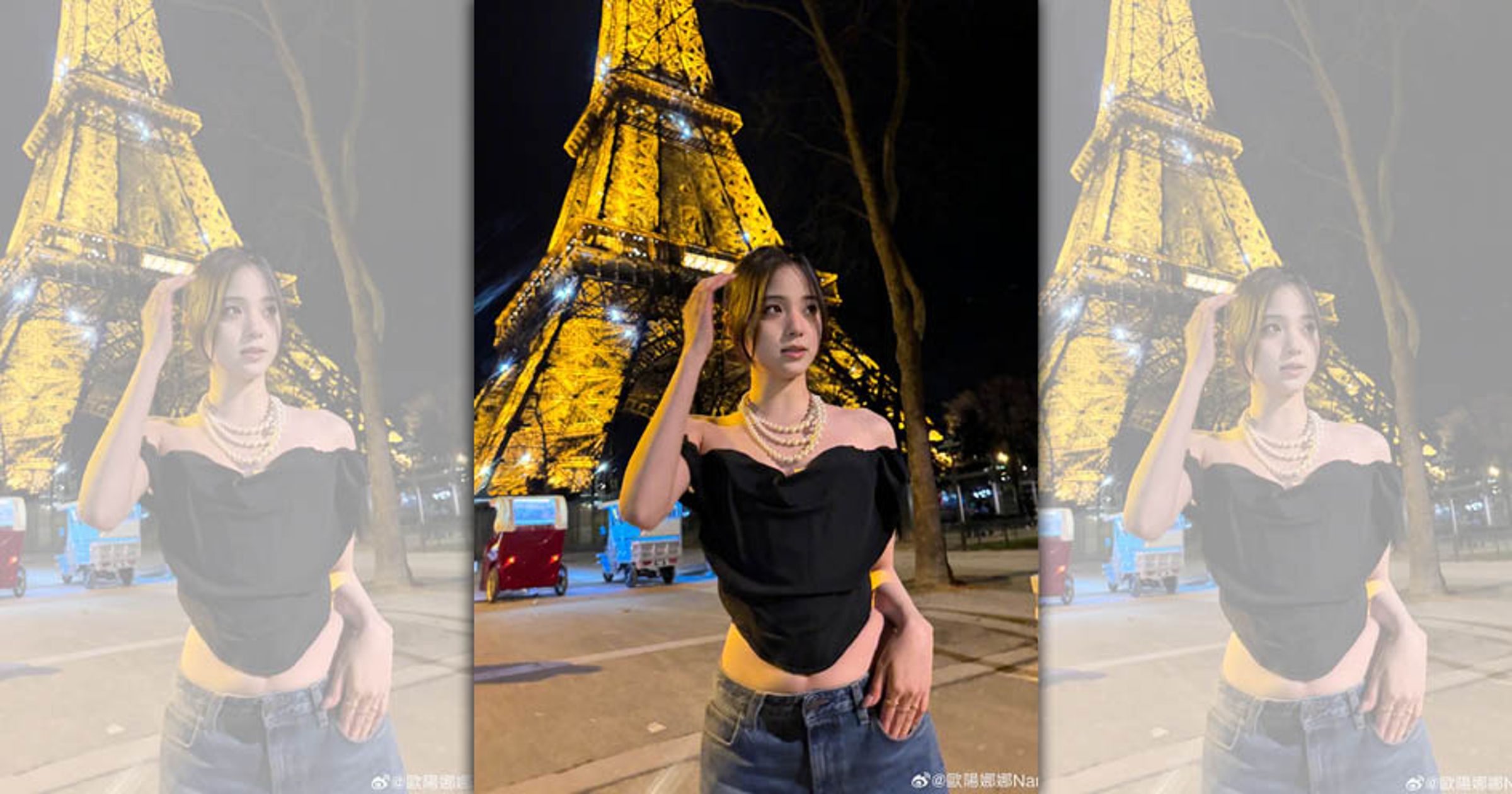 歐陽娜娜穿上黑色低胸洋裝搭配珍珠項鍊。(翻攝自歐陽娜娜IG)