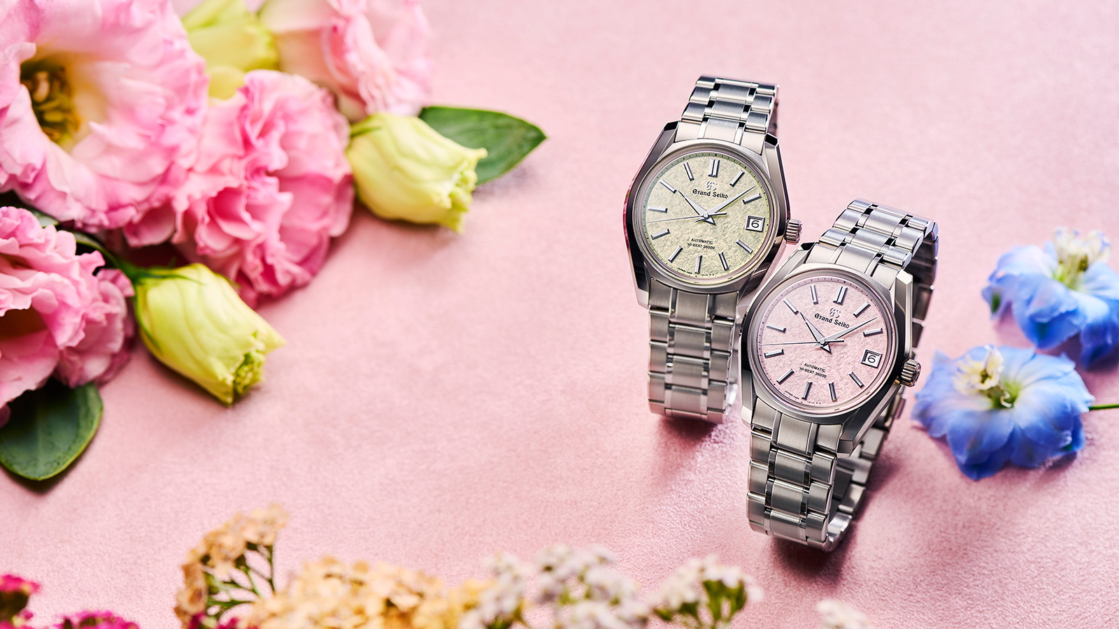 GRAND SEIKO推出SBGH341（右）和SBGH343（左）兩款新作，以春日為意象的特殊面盤，搭配38mm的62GS殼型，是很具突破性的嶄新作品。