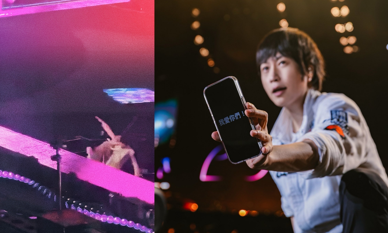 五月天阿信在Threads分享自己跌落舞台的截圖，讓粉絲笑到瘋掉。（左翻攝阿信Threads，右翻攝阿信臉書）

