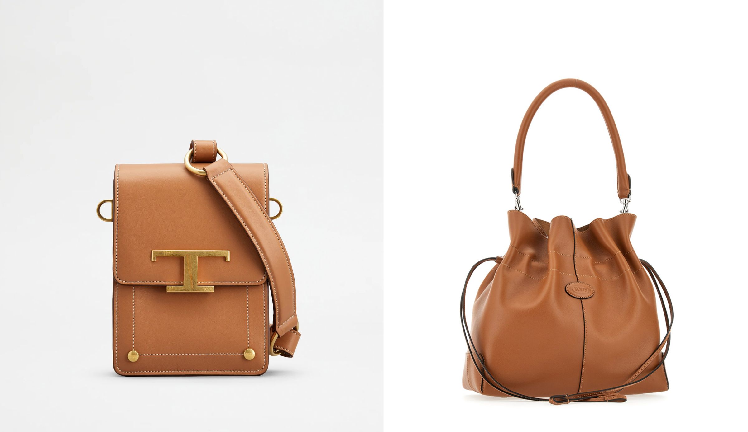 (左) TOD'S T Timeless淺棕皮革迷你直式風琴包 NT$70,900,(右) TOD'S駝色小型抽繩Di Bag NT$86,900。