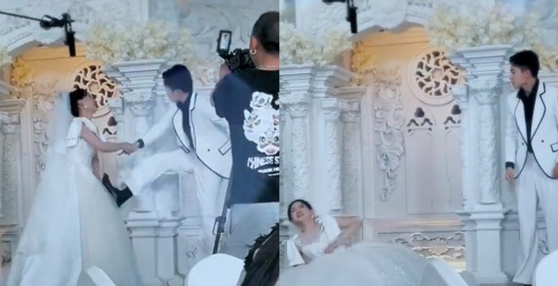 新郎結婚當天懷疑自己被戴綠帽，當場氣炸踹倒新娘。（翻攝微博）