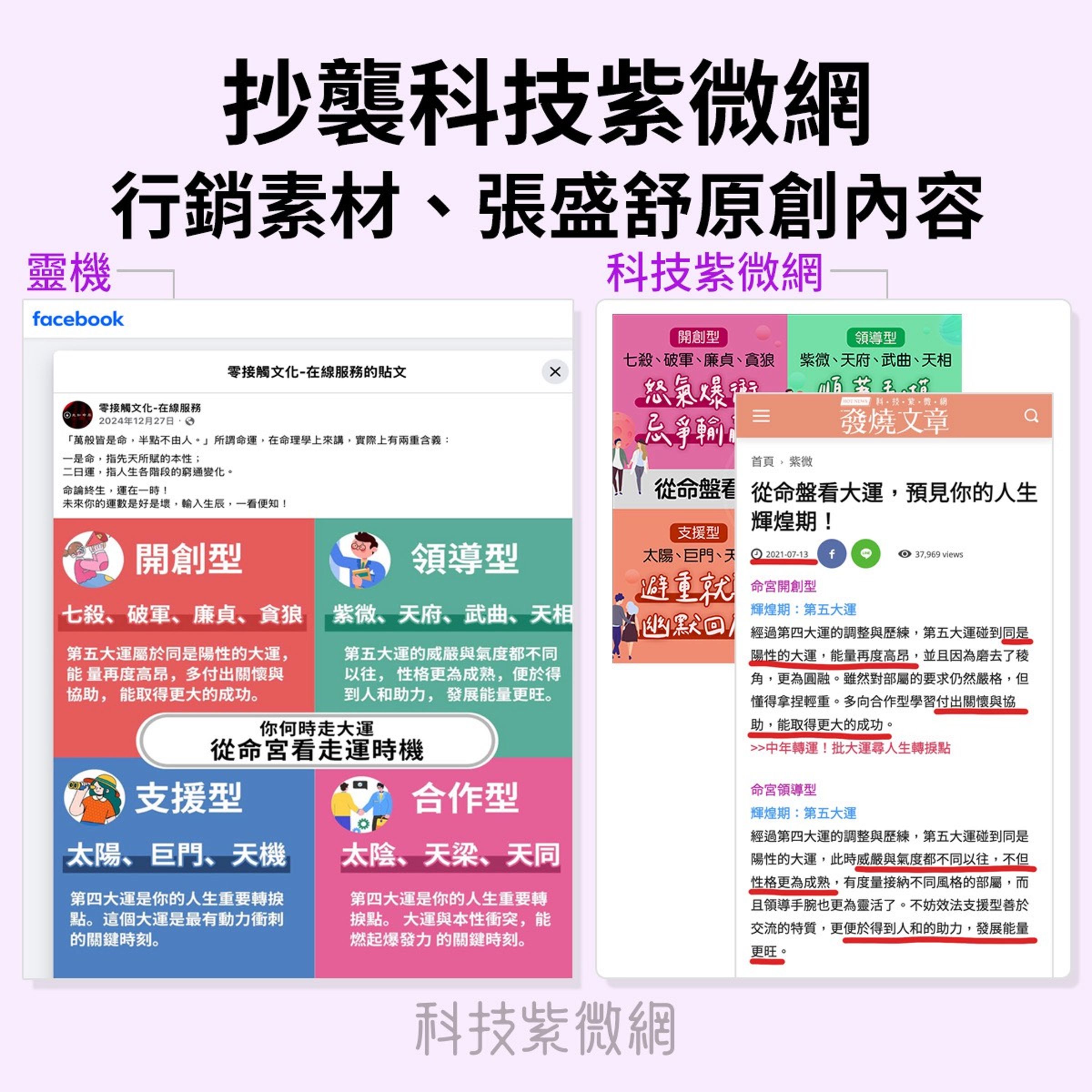 張盛舒條列靈機公司抄襲科技紫微網的行銷素材和他的原創內容。(科技紫微網提供)