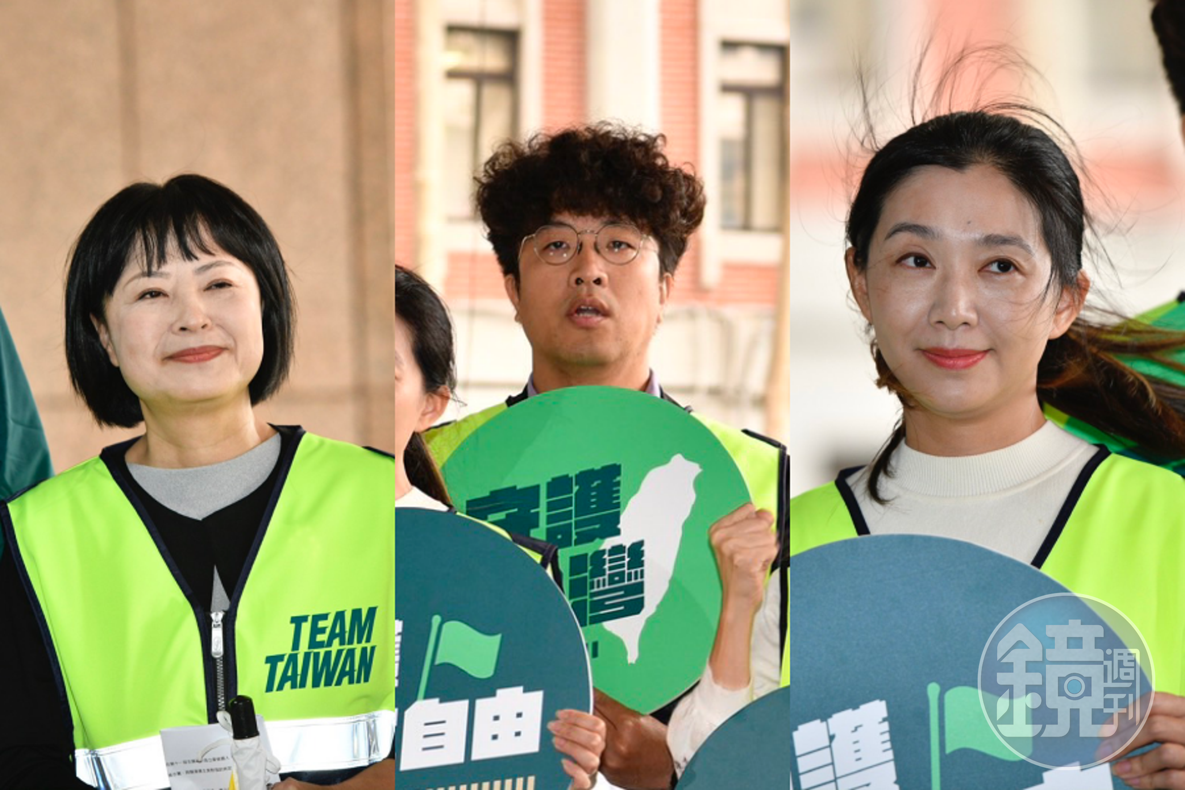 民進黨不分區前3名分別是靖娟基金會執行長林月琴(左起),黑熊學院共同創辦人沈伯洋,還我特色公園行動理事長張雅琳。