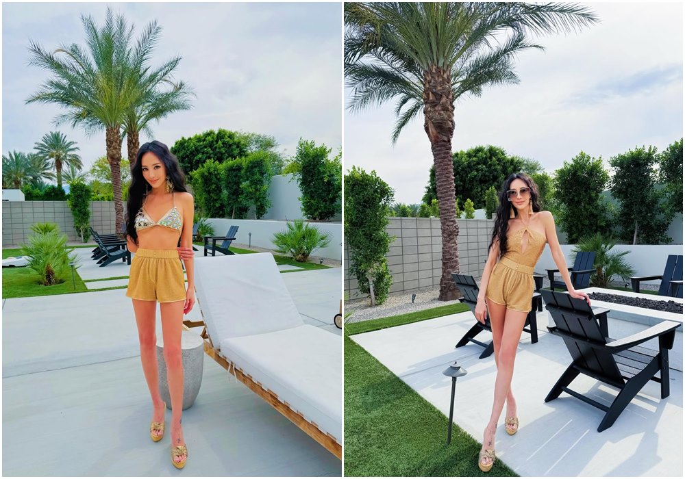 關穎穿比基尼、金色細肩帶挖洞上衣,秀出一雙大長腿。(翻攝kwanterri IG)