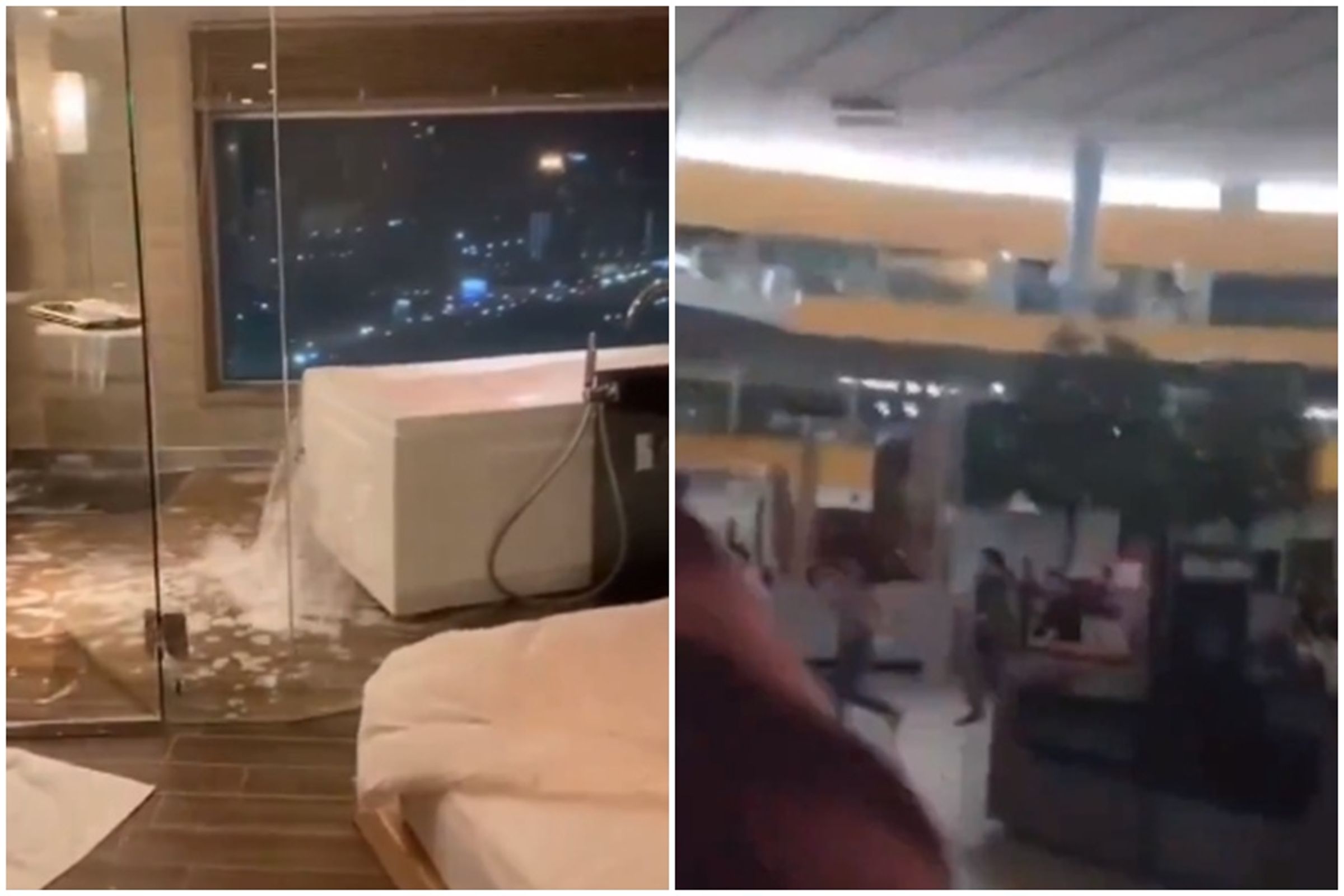 菲律賓發生7.6強震,高樓的浴缸水猛晃出來,民眾也四處逃竄,影片可見地震程度之大。(左圖翻攝自推特@IamGautamVarma,右圖翻攝自推特@offl_trollmafia)