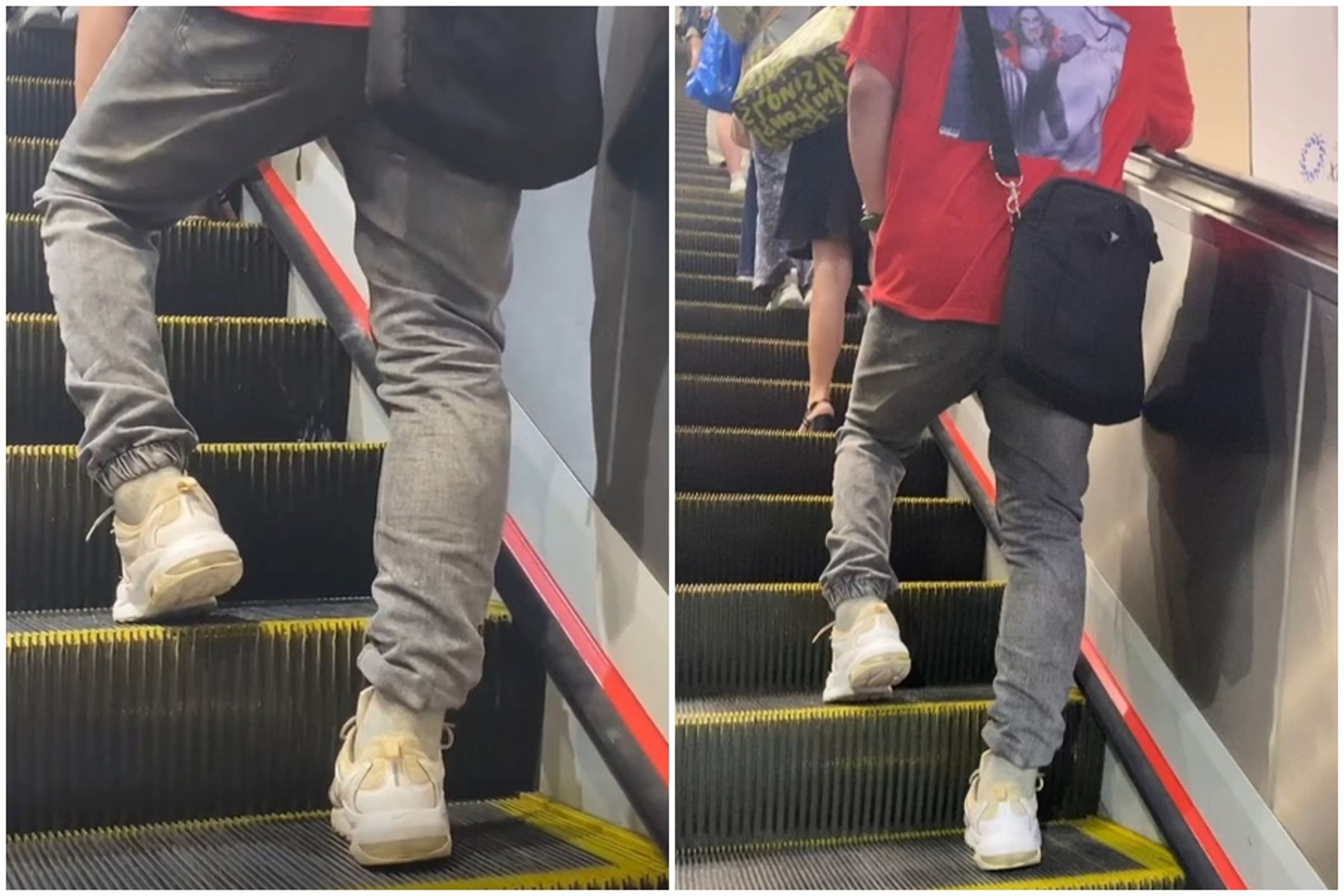 一名穿紅色上衣的男子在忠孝復興站通往文湖線途中的電扶梯原地開尿。（翻攝自Threads）