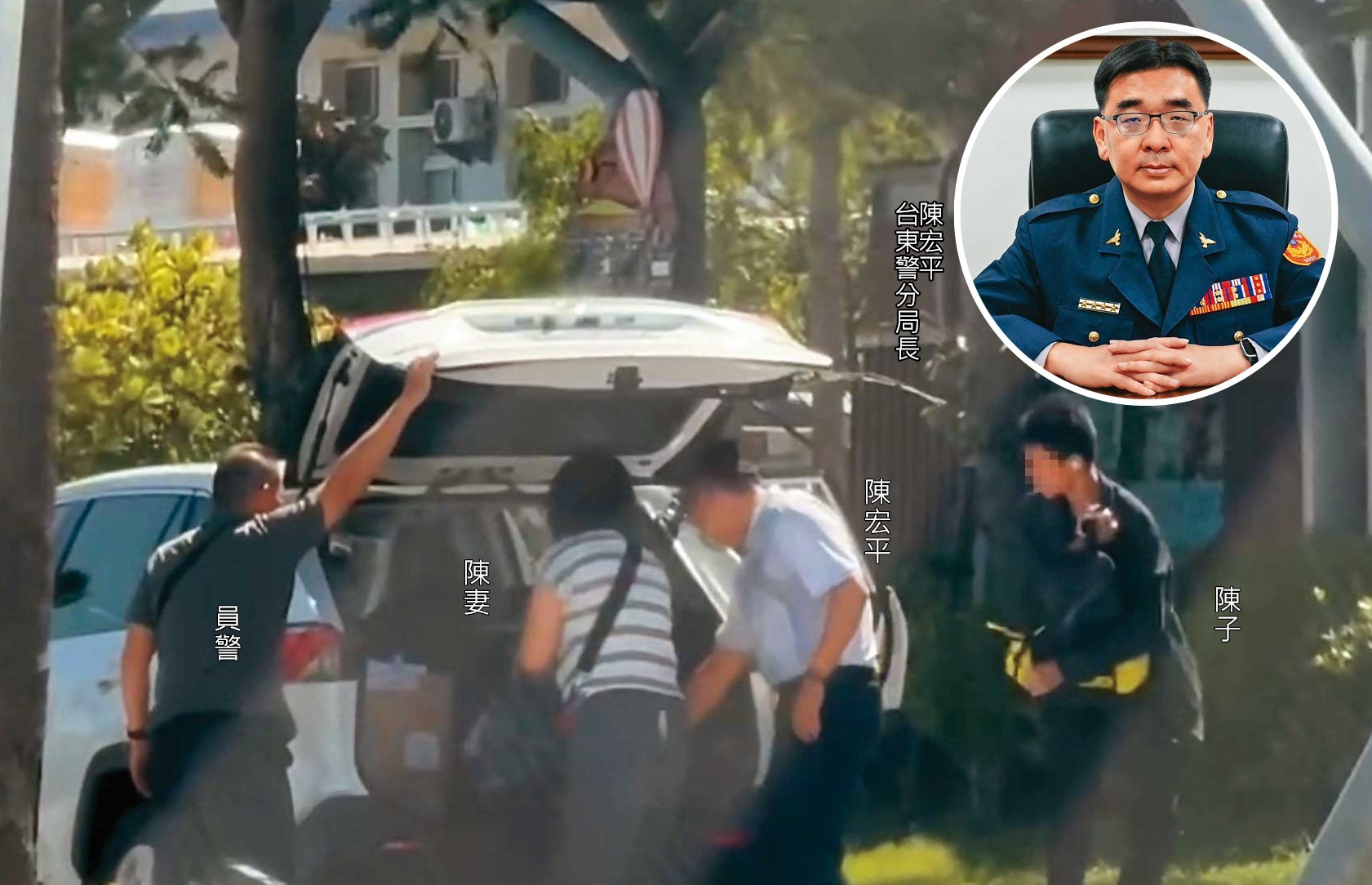 台東警分局長陳宏平（小圖，翻攝台東警分局官網）要求員警開偵防車，載他和妻兒到處吃喝玩樂。（讀者提供）